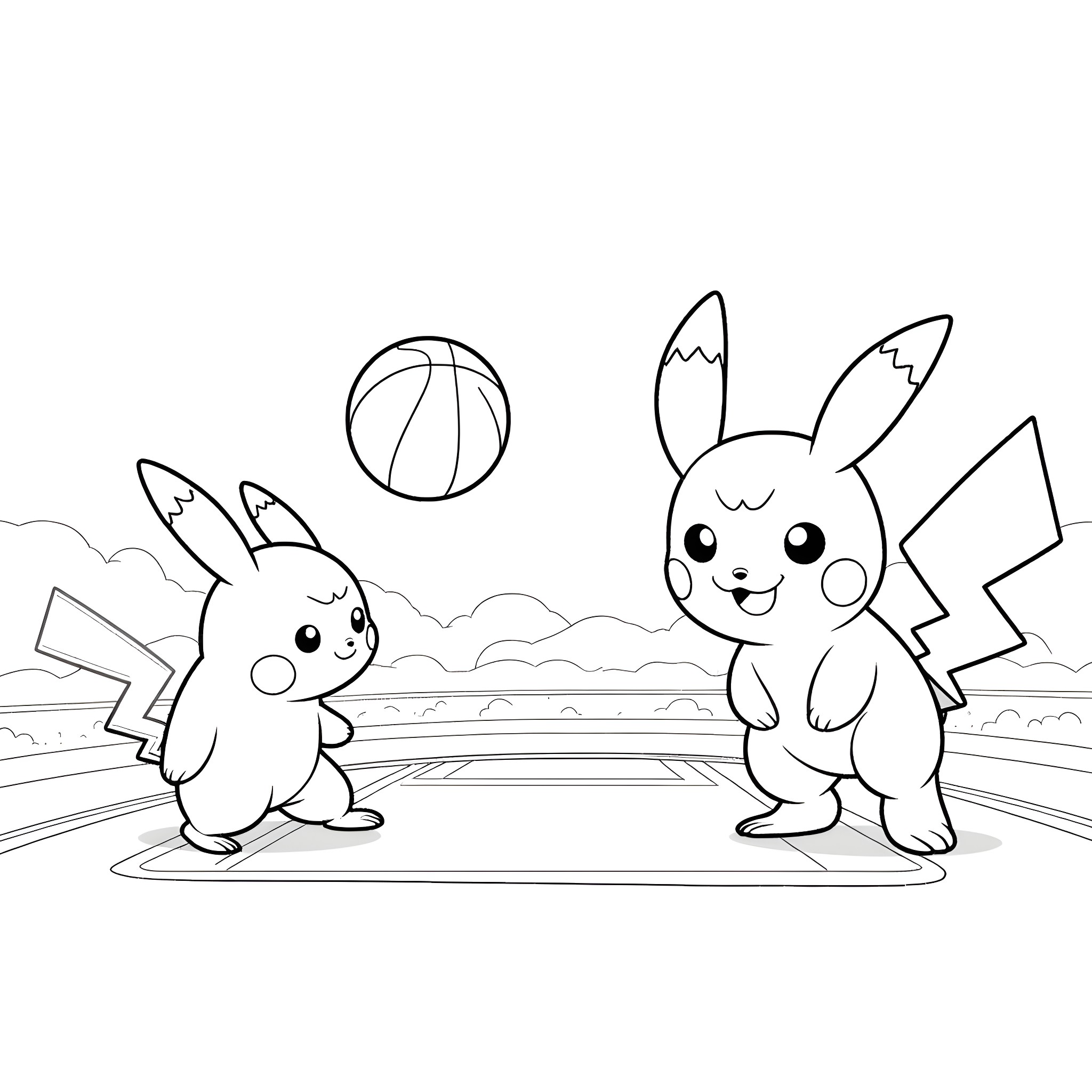 Pokémon characters playing happily together Coloring Page (free black-and-white line drawing printable PDF for all, from beginners to advanced learners, including children, teens, adults, and seniors)