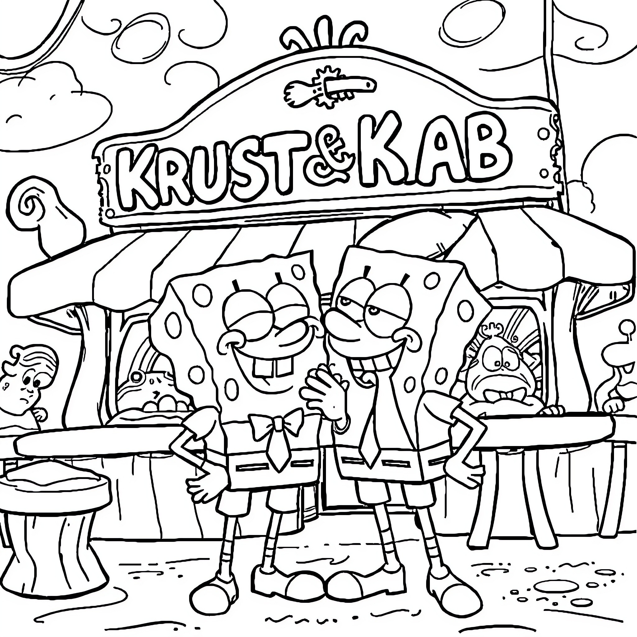 Spongebob and friends at Krust & Krab restaurant Coloring Page (free black-and-white line drawing printable PDF for all, from beginners to advanced learners, including children, teens, adults, and seniors)