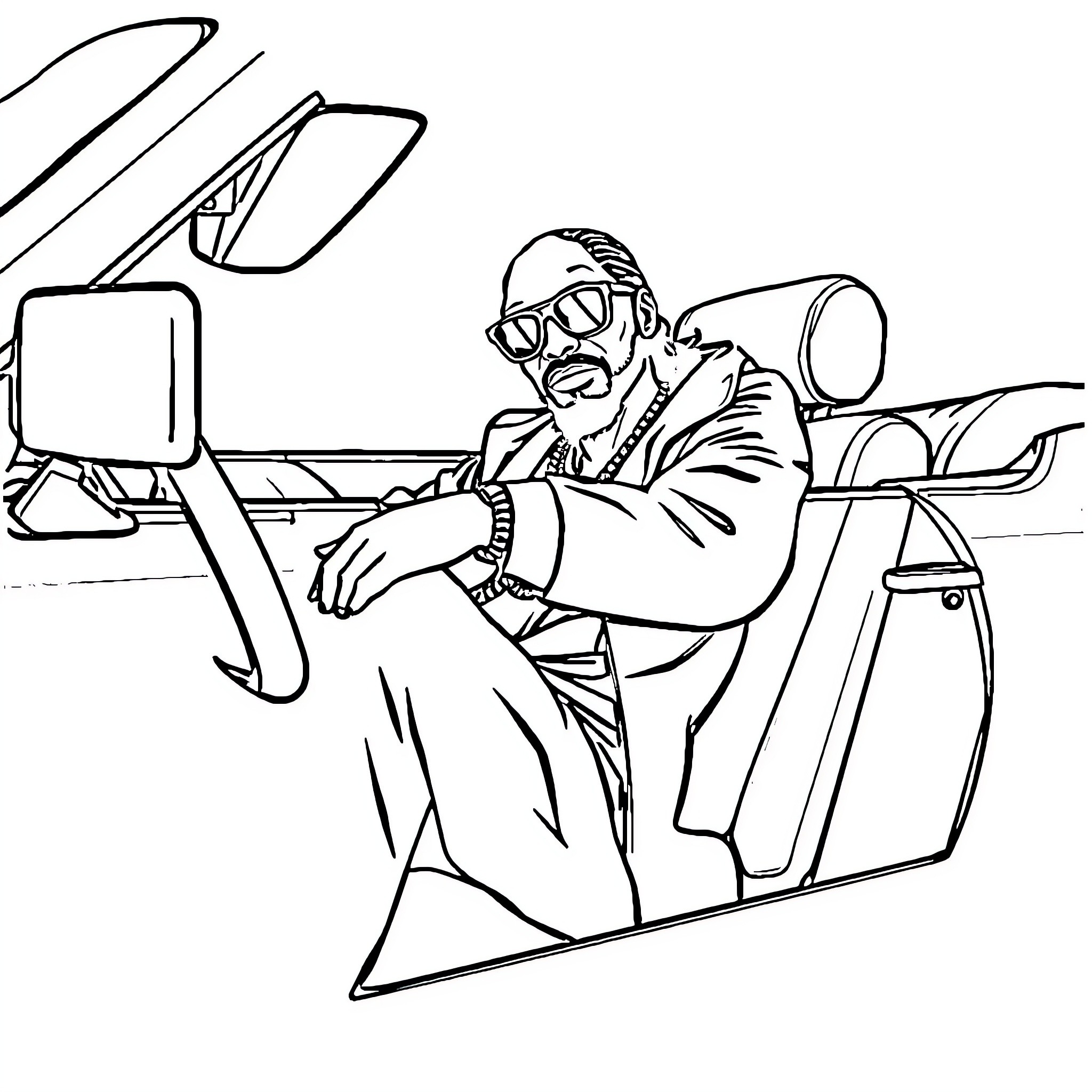 Snoop Dogg relaxing in luxury car Coloring Page (free black-and-white line drawing printable PDF for all, from beginners to advanced learners, including children, teens, adults, and seniors)