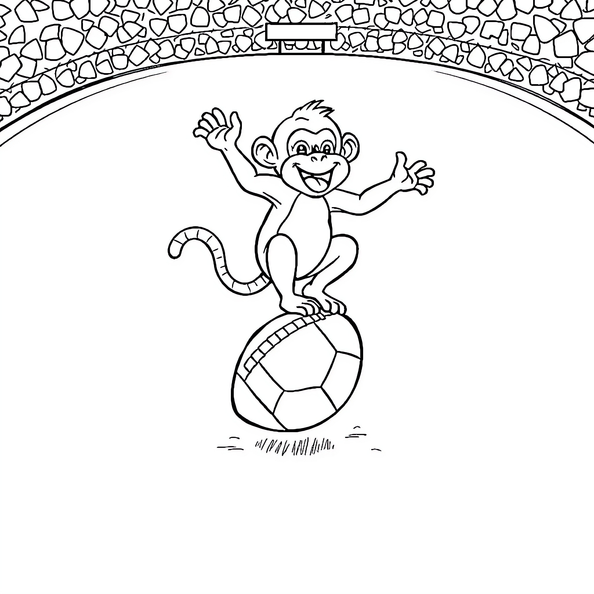 Monkey playing happily on a soccer ball Coloring Page (free black-and-white line drawing printable PDF for all, from beginners to advanced learners, including children, teens, adults, and seniors)