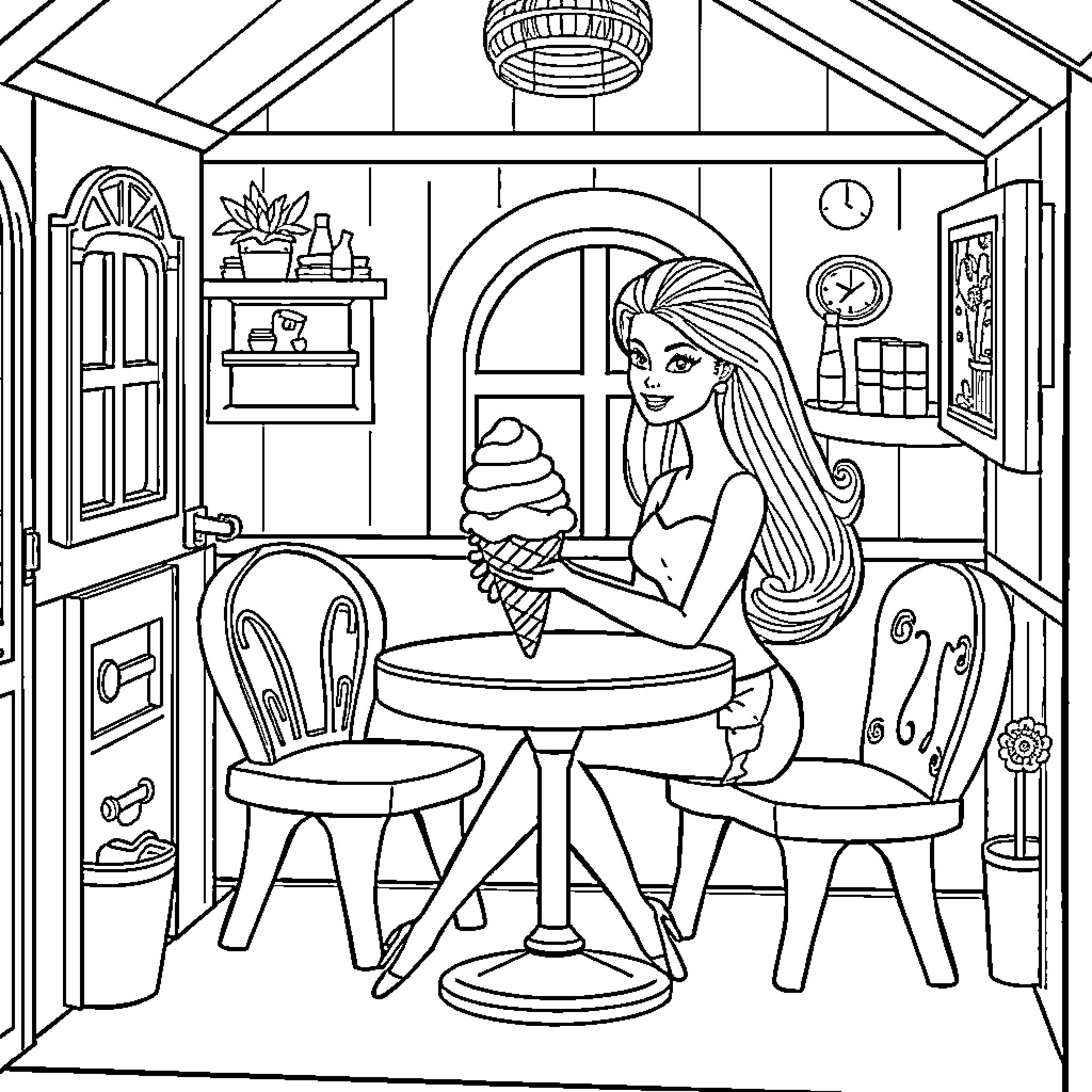 Barbie enjoying an ice cream treat in a cozy cabin Coloring Page (free black-and-white line drawing printable PDF for all, from beginners to advanced learners, including children, teens, adults, and seniors)