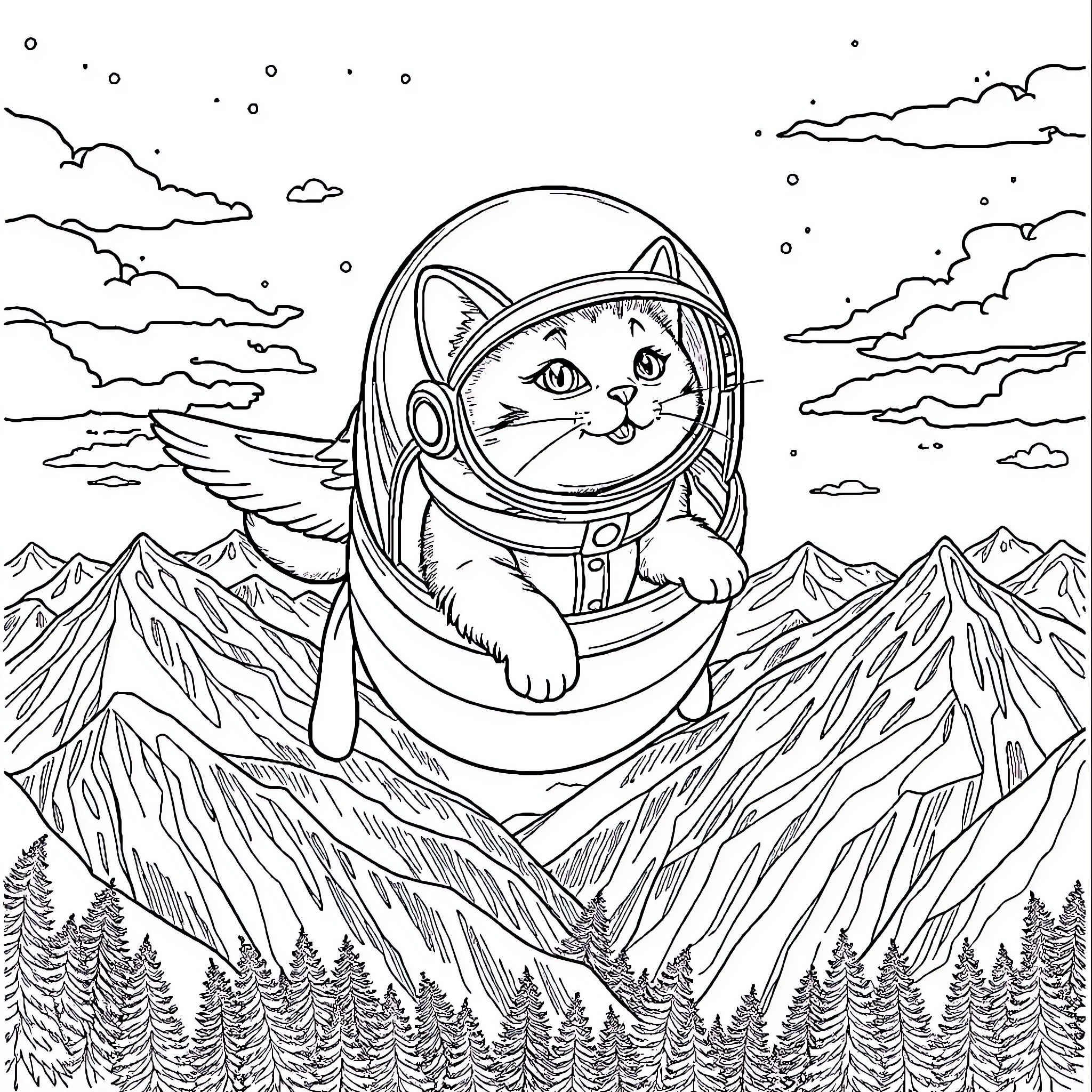 Cat exploring the cosmos in a spacesuit Coloring Page (free black-and-white line drawing printable PDF for all, from beginners to advanced learners, including children, teens, adults, and seniors)