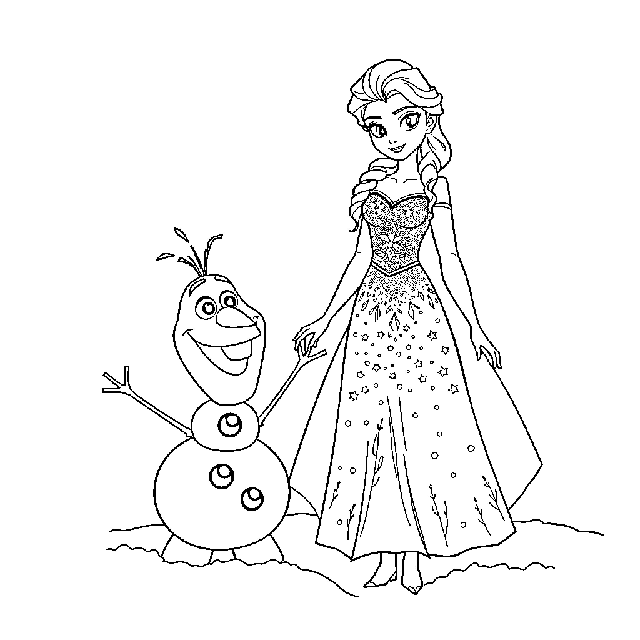 Elsa and Olaf playing joyfully in the snow Coloring Page (free black-and-white line drawing printable PDF for all, from beginners to advanced learners, including children, teens, adults, and seniors)
