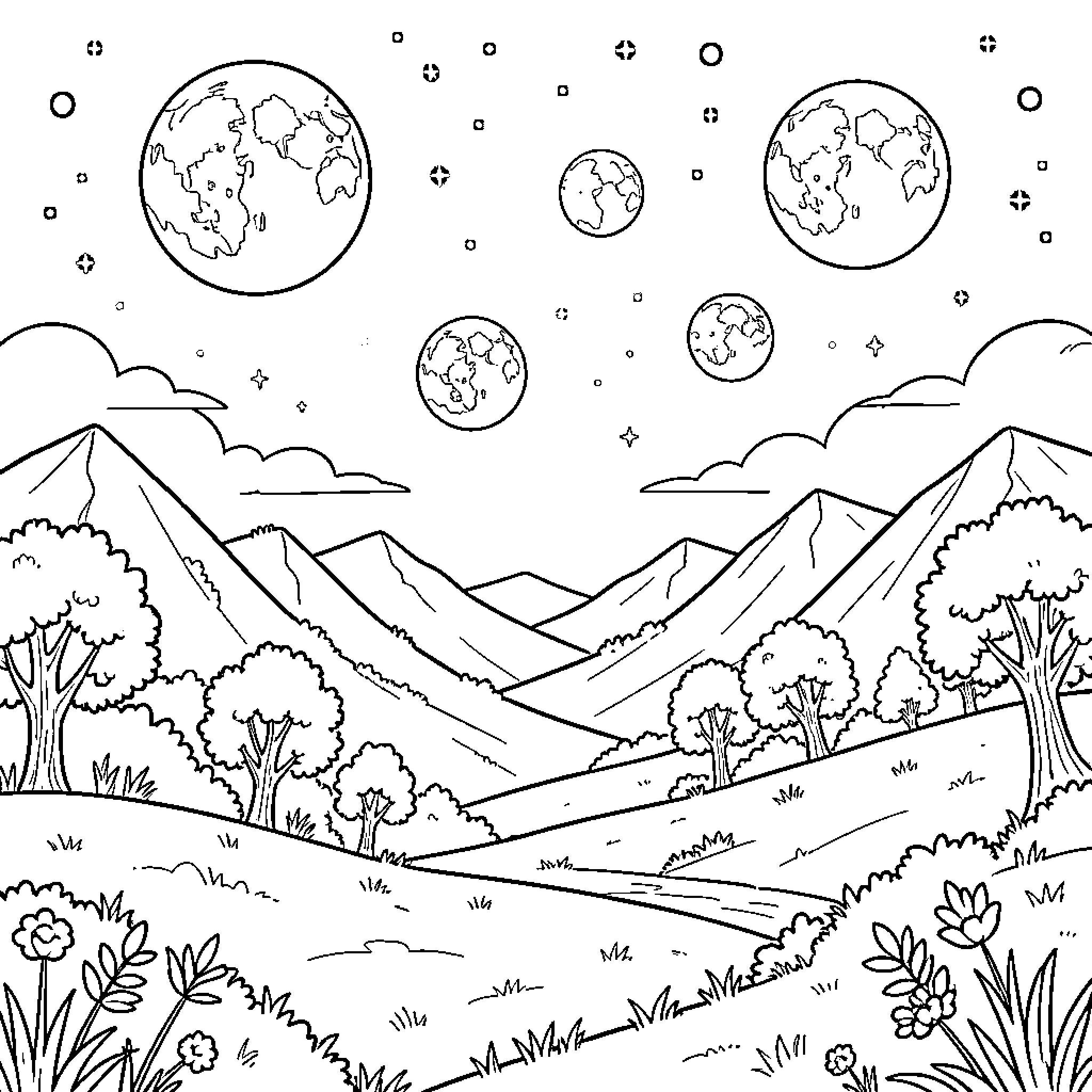 Moon and various celestial bodies in a mountain landscape Coloring Page (free black-and-white line drawing printable PDF for all, from beginners to advanced learners, including children, teens, adults, and seniors)