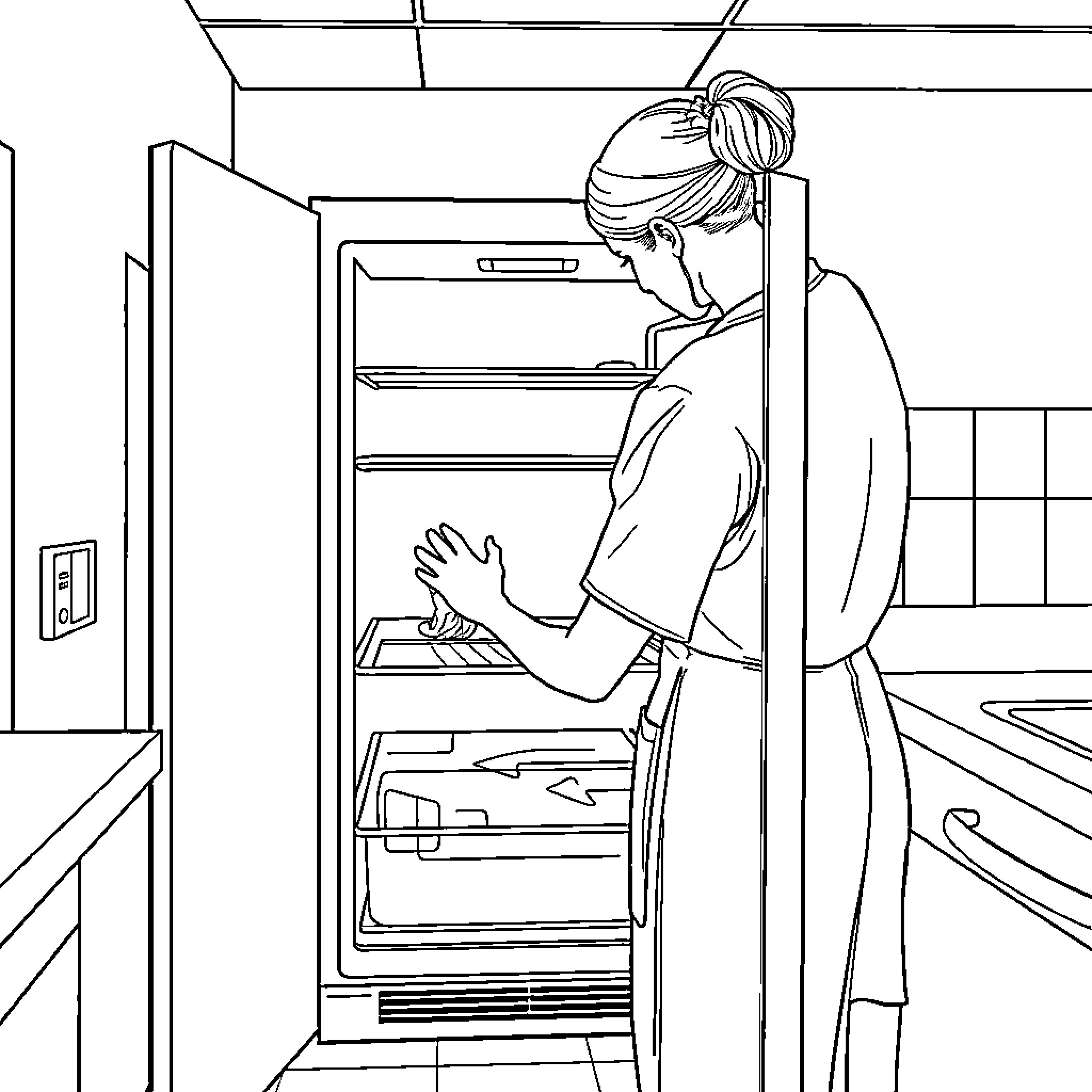 Nurse checking contents of refrigerator Coloring Page (free black-and-white line drawing printable PDF for all, from beginners to advanced learners, including children, teens, adults, and seniors)