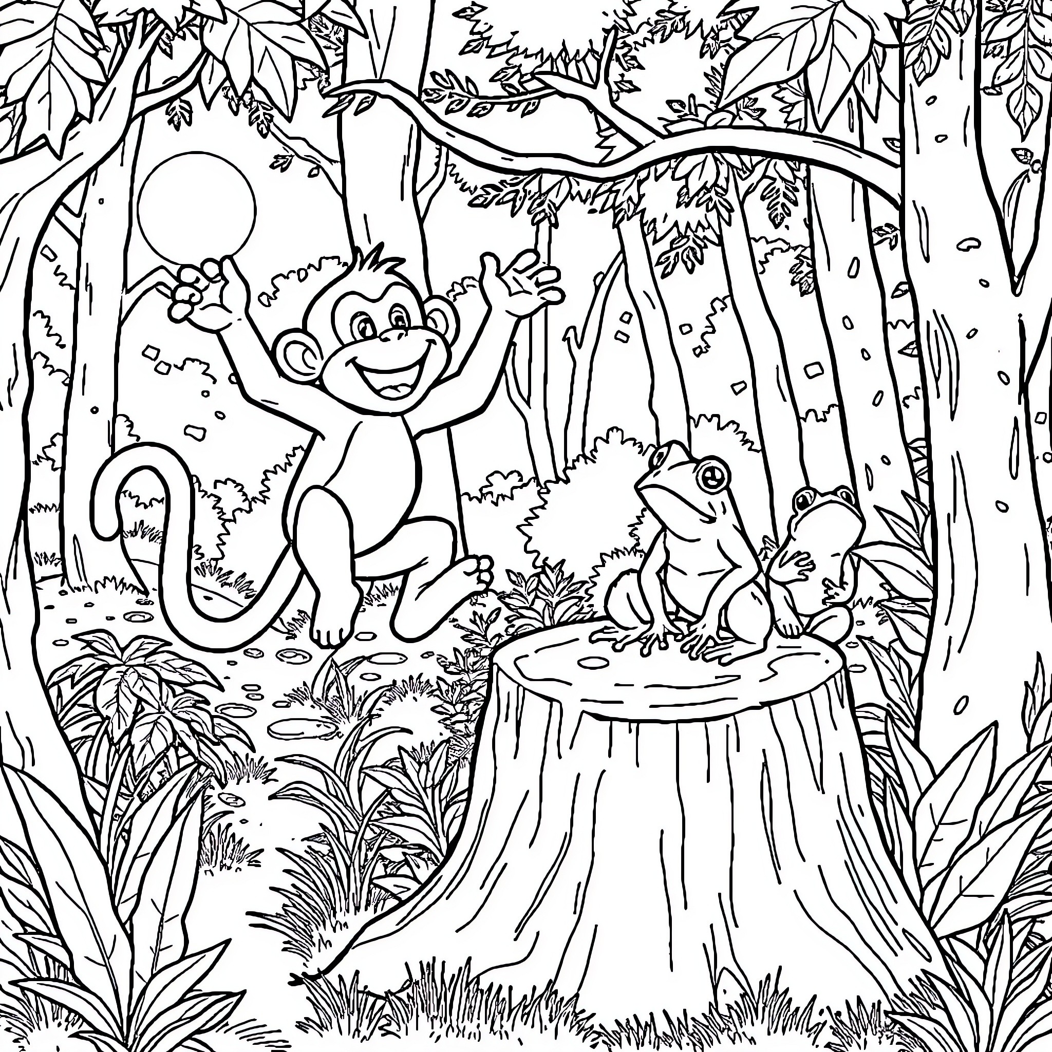 Monkey playing joyfully in the lush forest Coloring Page (free black-and-white line drawing printable PDF for all, from beginners to advanced learners, including children, teens, adults, and seniors)
