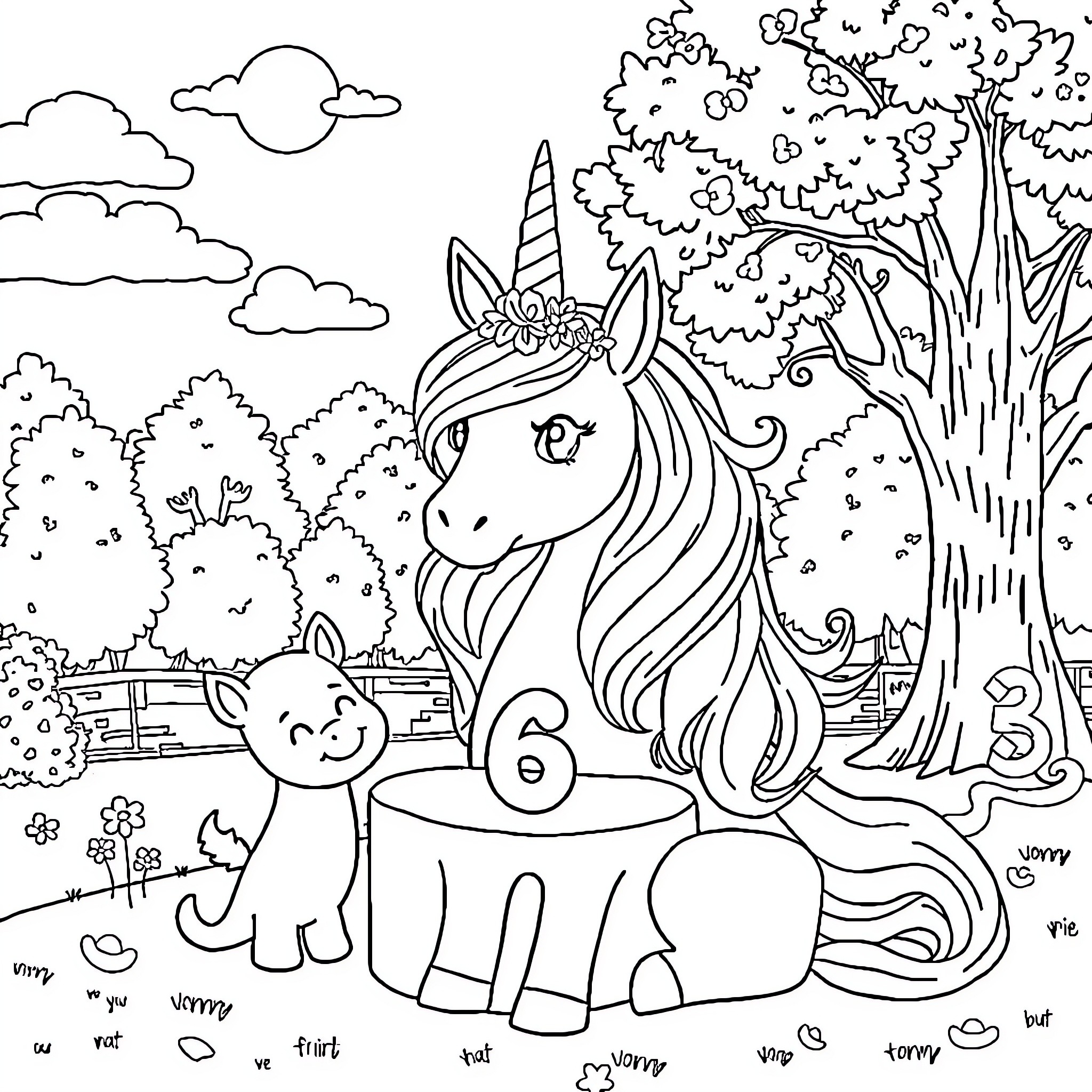Unicorn resting peacefully in a serene forest Coloring Page (free black-and-white line drawing printable PDF for all, from beginners to advanced learners, including children, teens, adults, and seniors)