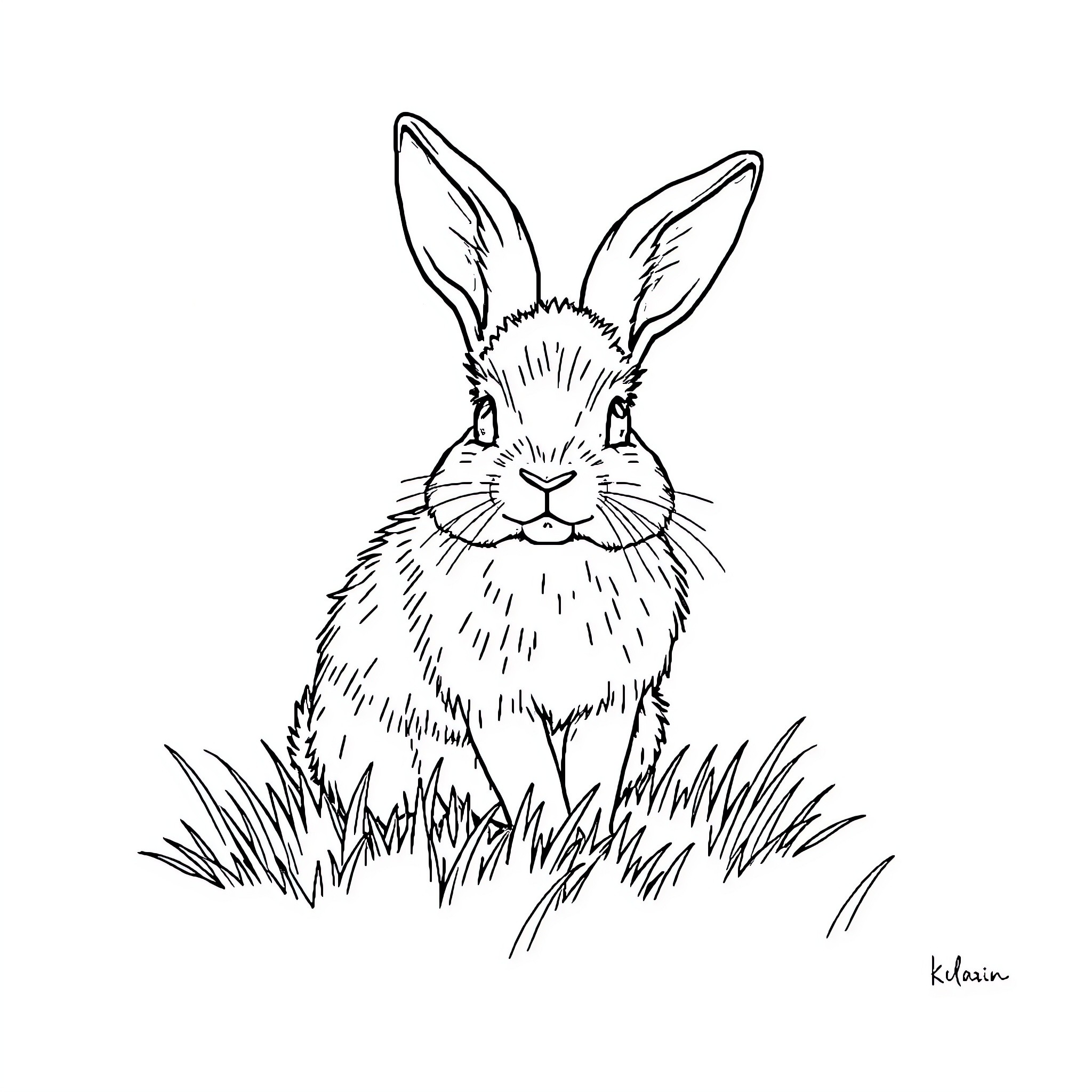 Rabbit sitting in the grass Coloring Page (free black-and-white line drawing printable PDF for all, from beginners to advanced learners, including children, teens, adults, and seniors)