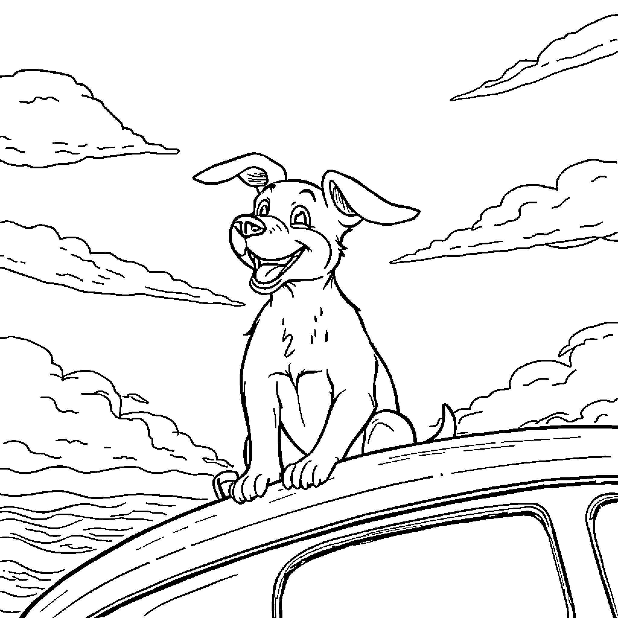 Dog Happily Riding on a Truck Coloring Page (free black-and-white line drawing printable PDF for all, from beginners to advanced learners, including children, teens, adults, and seniors)