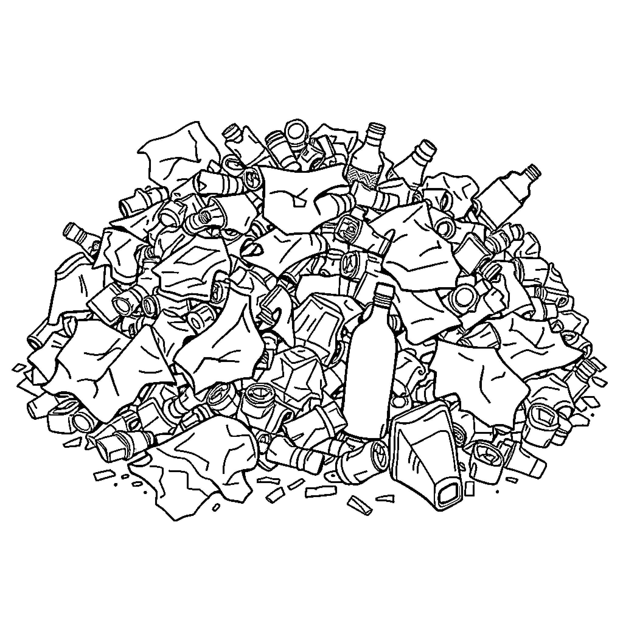 Trash pile of discarded items and debris Coloring Page (free black-and-white line drawing printable PDF for all, from beginners to advanced learners, including children, teens, adults, and seniors)