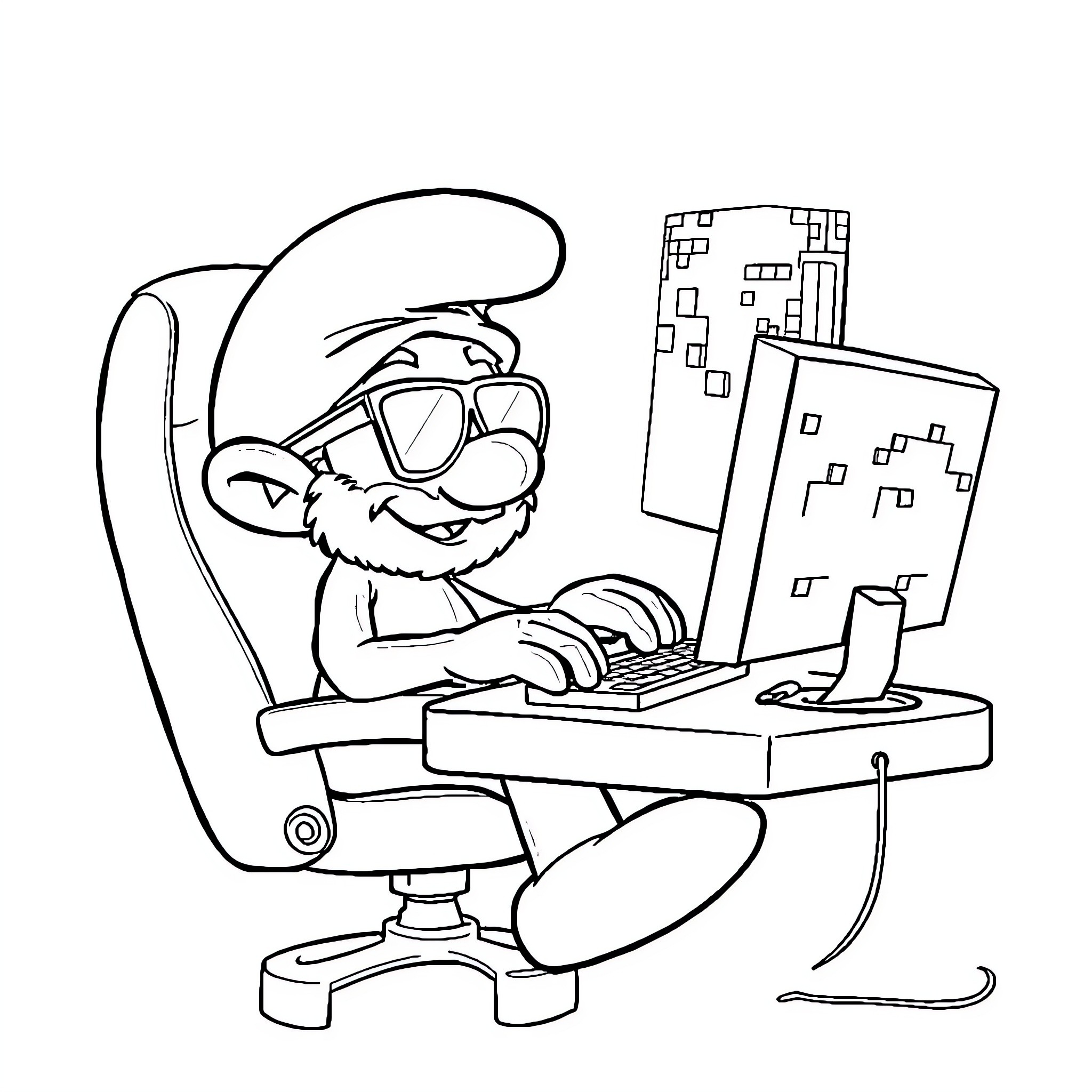 Smurf Gaming at the Computer Coloring Page (free black-and-white line drawing printable PDF for all, from beginners to advanced learners, including children, teens, adults, and seniors)