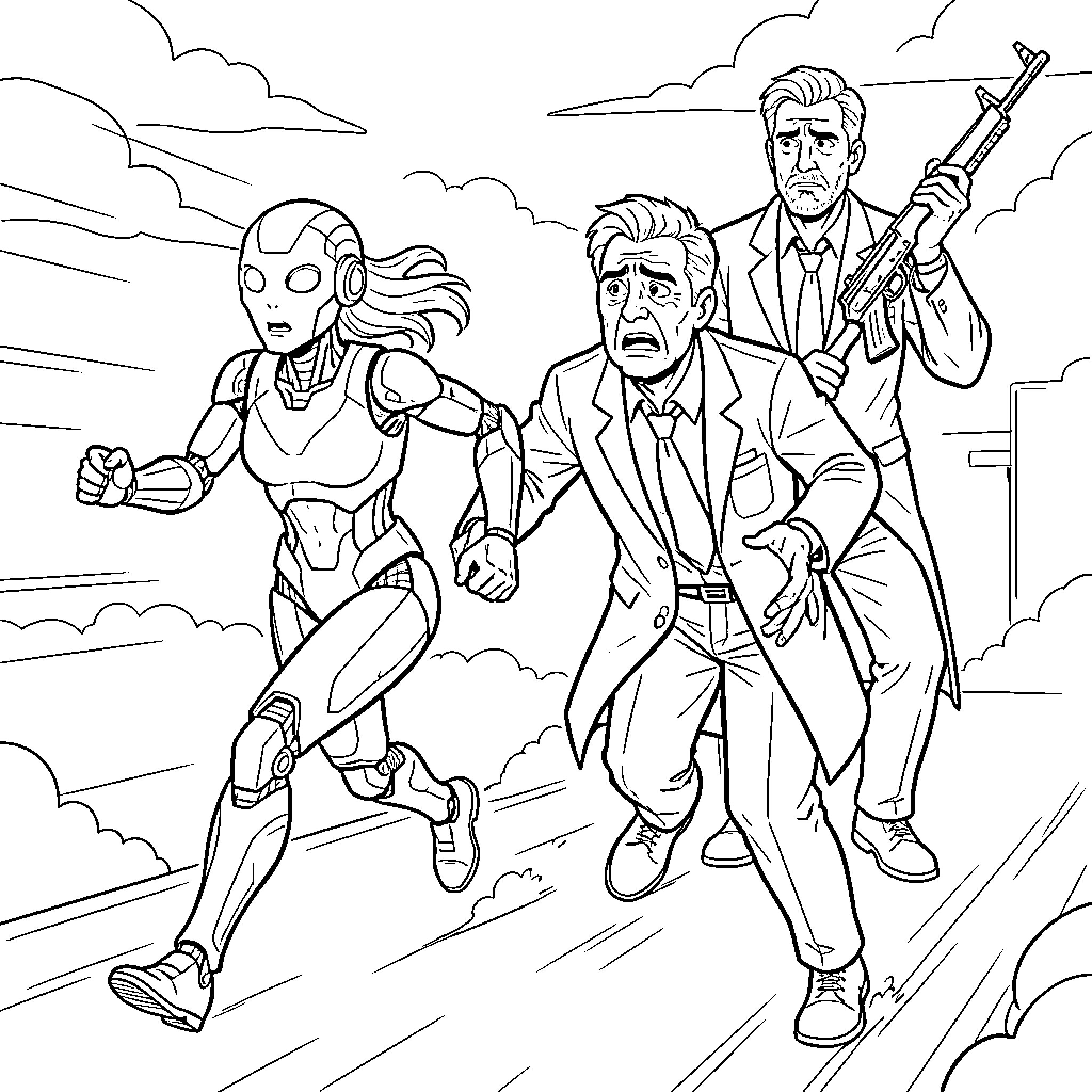 Android heroes battling in an urban setting Coloring Page (free black-and-white line drawing printable PDF for all, from beginners to advanced learners, including children, teens, adults, and seniors)