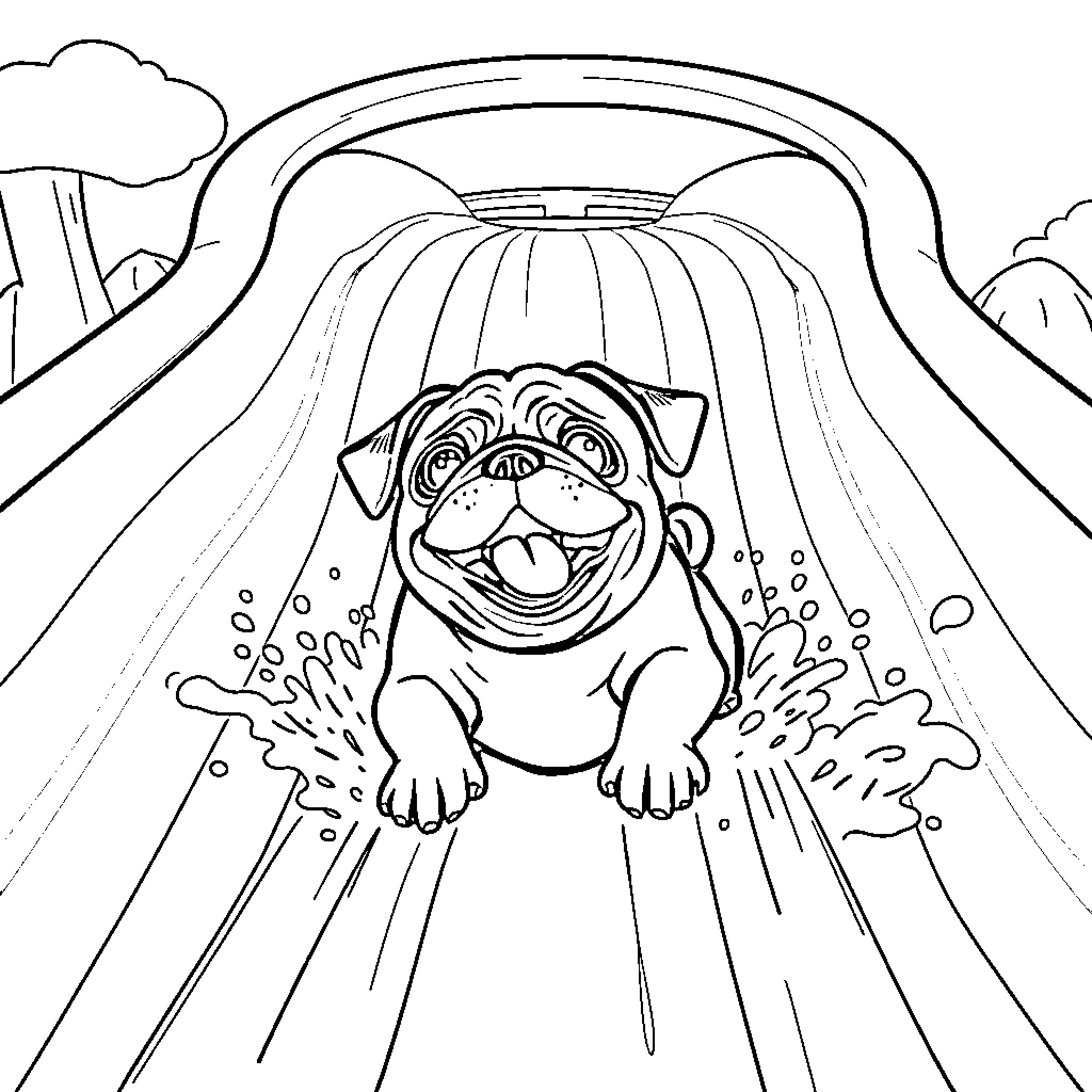 Pug enjoying a fun water slide adventure Coloring Page (free black-and-white line drawing printable PDF for all, from beginners to advanced learners, including children, teens, adults, and seniors)