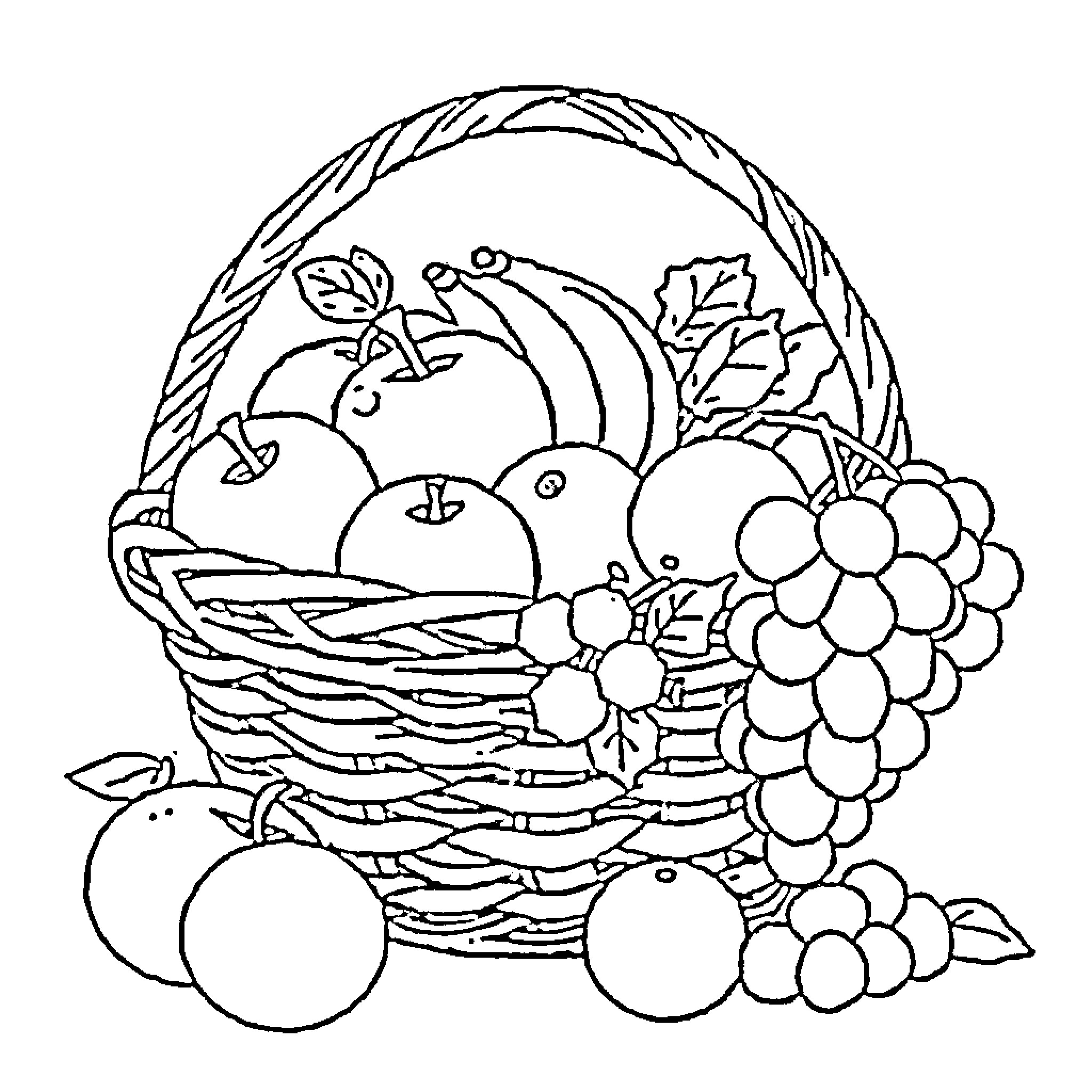 Fruit Basket with Assorted Produce Coloring Page (free black-and-white line drawing printable PDF for all, from beginners to advanced learners, including children, teens, adults, and seniors)