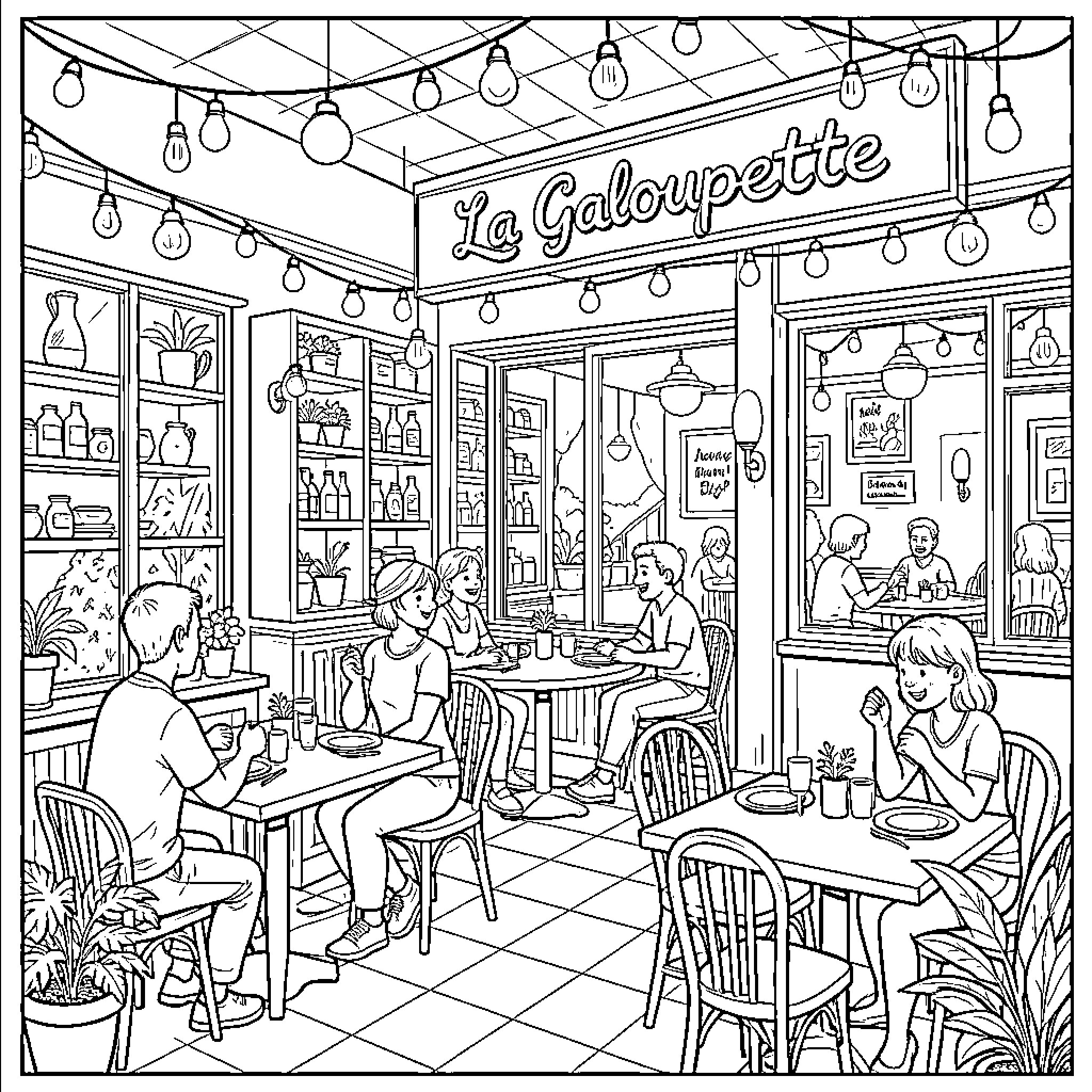 Galoupette: Cozy Cafe Gathering with Customers Coloring Page (free black-and-white line drawing printable PDF for all, from beginners to advanced learners, including children, teens, adults, and seniors)
