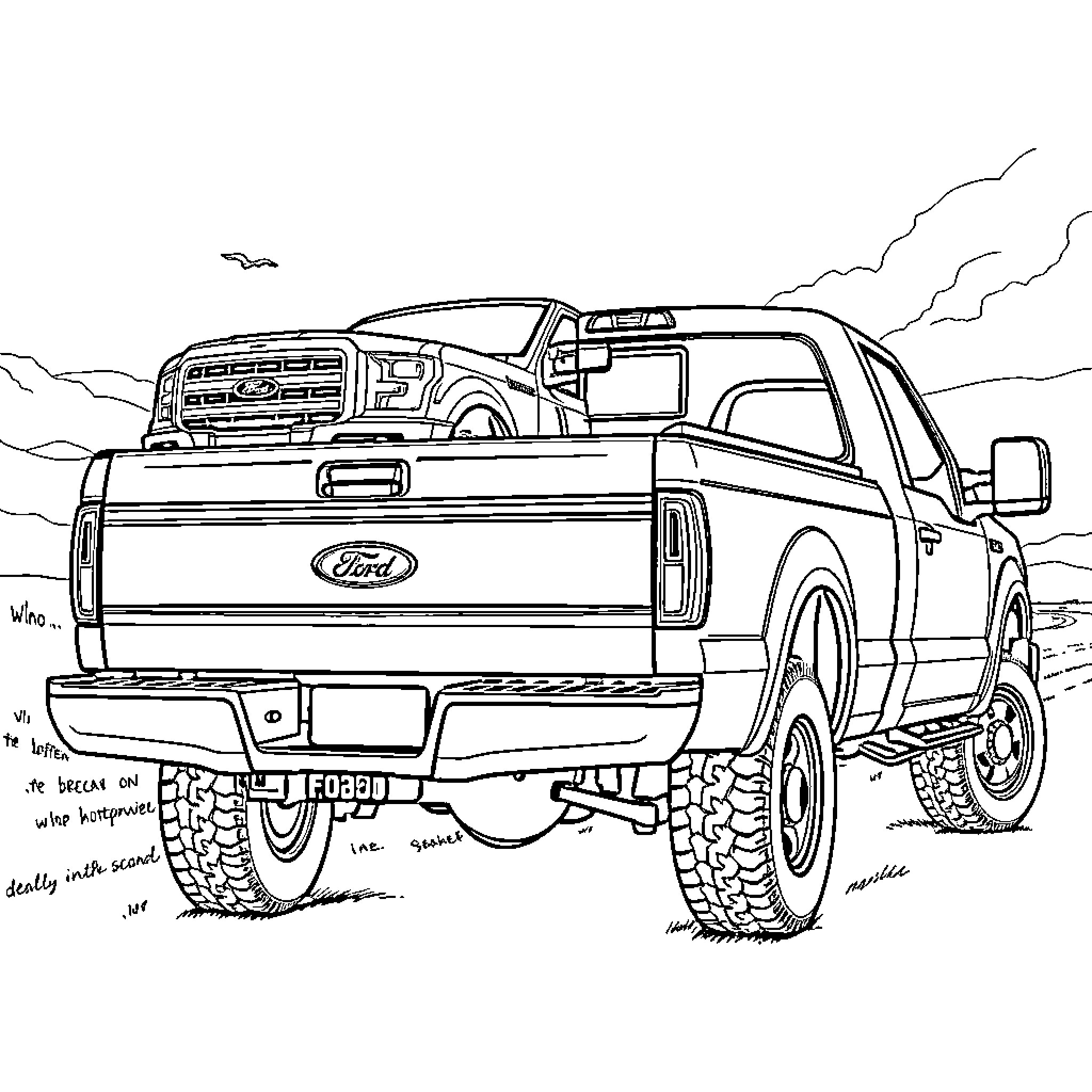 Ford F-250 off-road truck in the wilderness Coloring Page (free black-and-white line drawing printable PDF for all, from beginners to advanced learners, including children, teens, adults, and seniors)