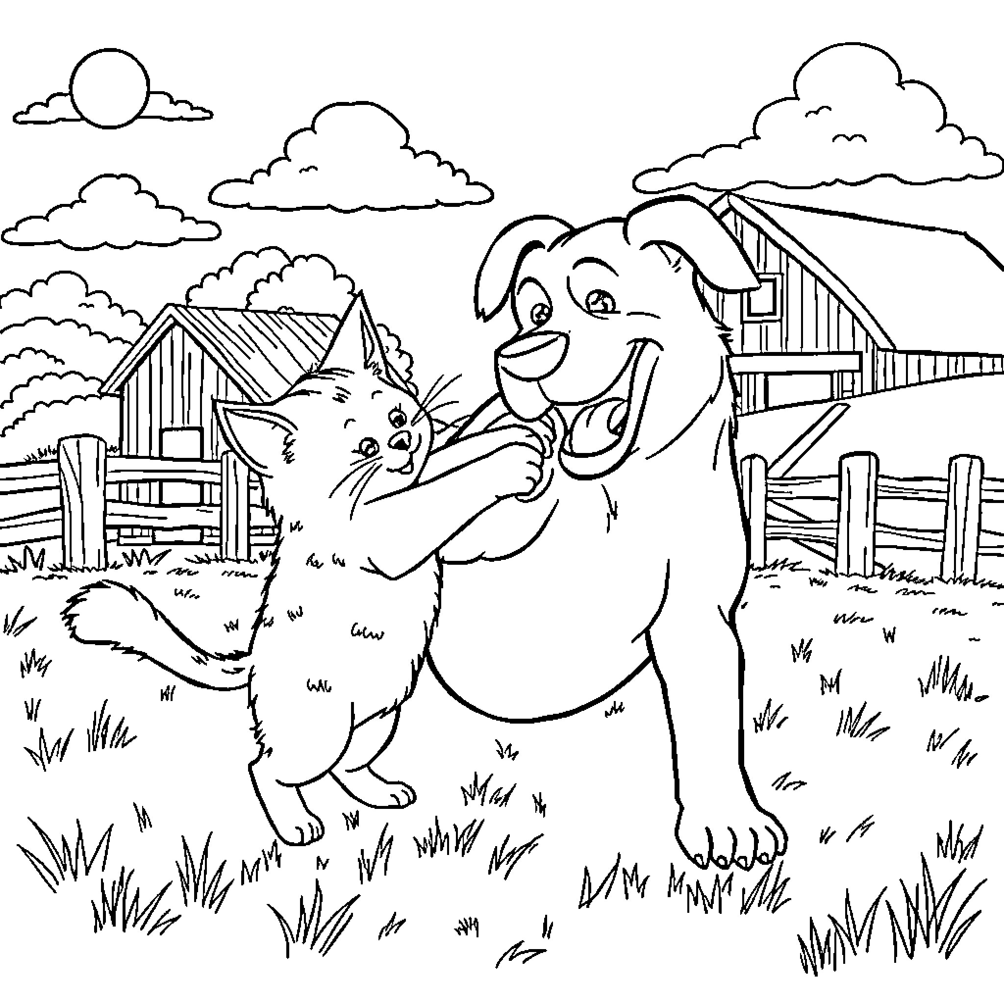 Cats playing together in a rural farm setting Coloring Page (free black-and-white line drawing printable PDF for all, from beginners to advanced learners, including children, teens, adults, and seniors)