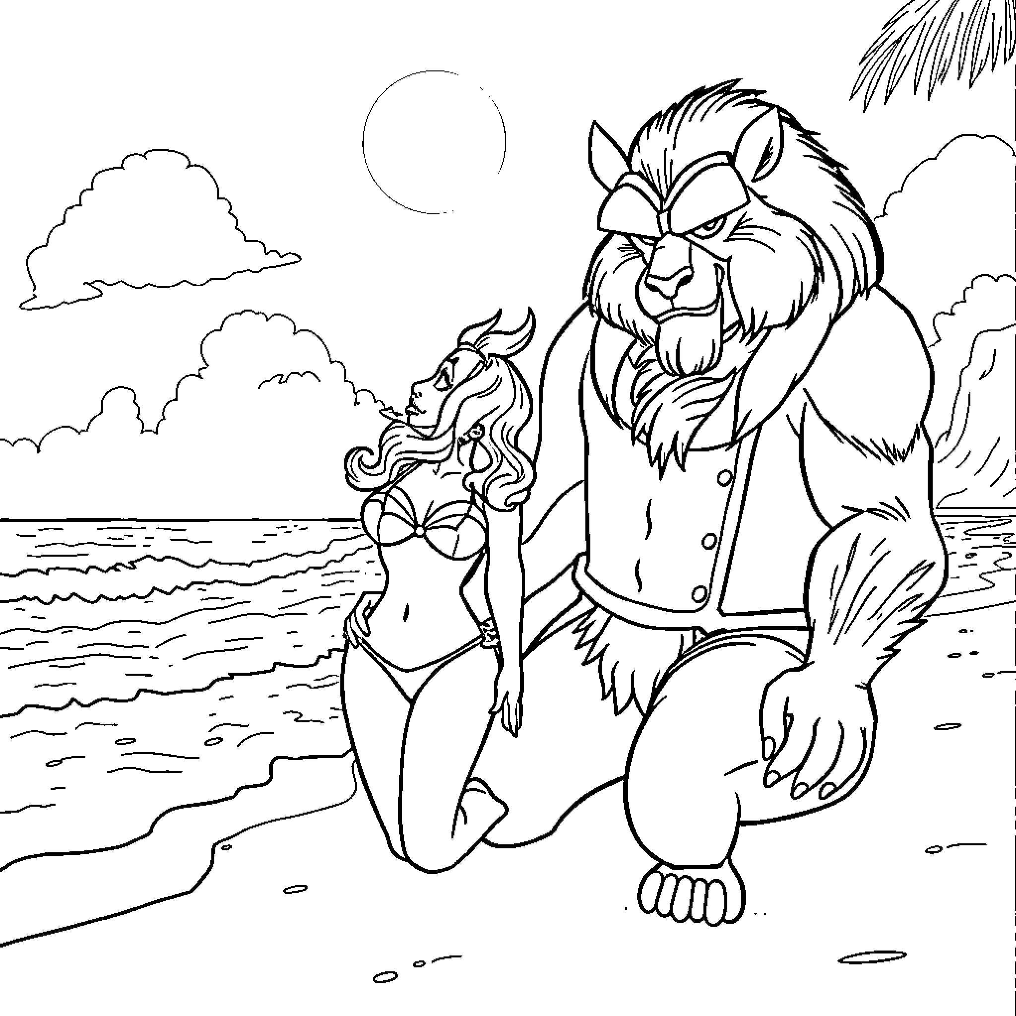 Belle and Beast enjoying a romantic moment on the beach Coloring Page (free black-and-white line drawing printable PDF for all, from beginners to advanced learners, including children, teens, adults, and seniors)
