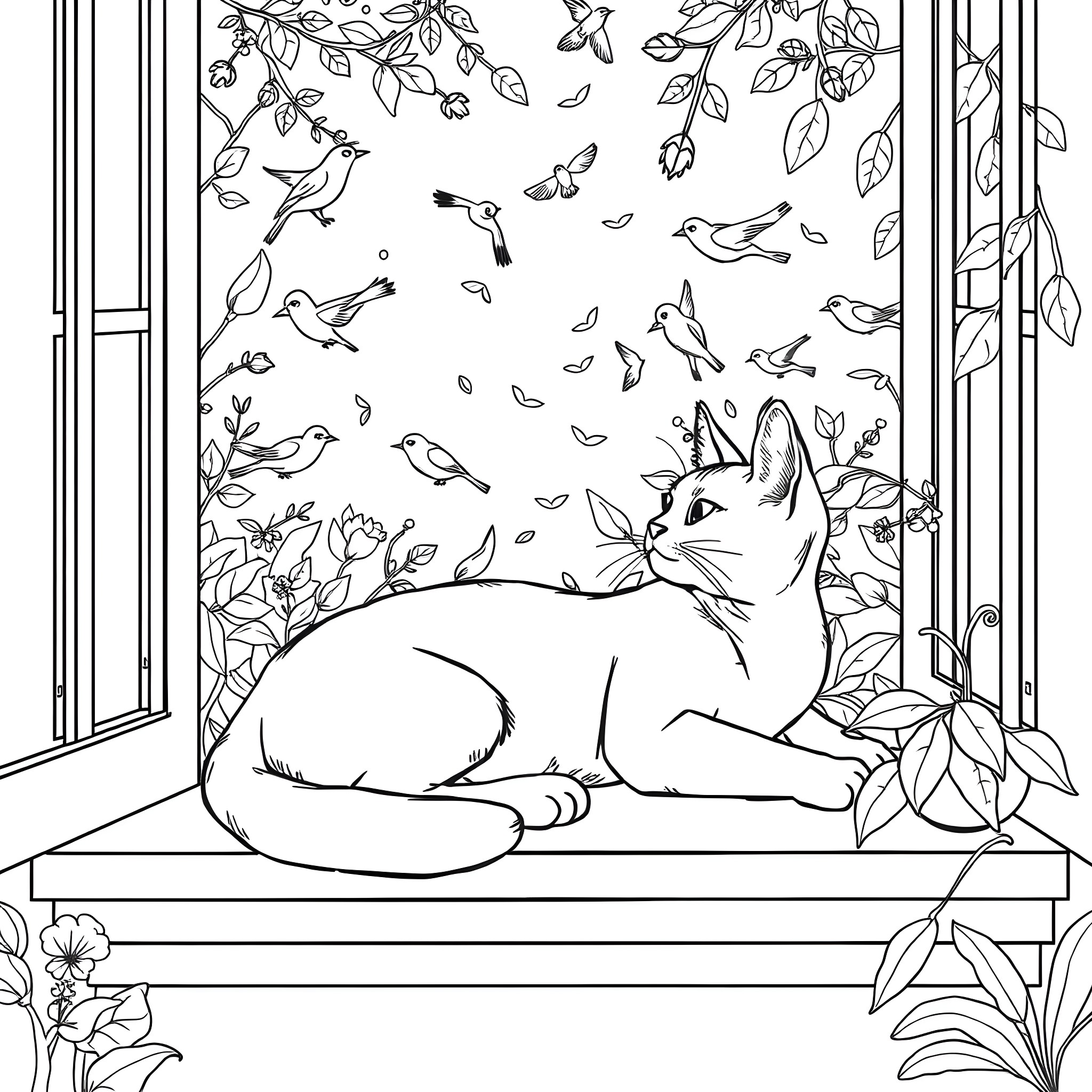 Cat resting peacefully in floral garden Coloring Page (free black-and-white line drawing printable PDF for all, from beginners to advanced learners, including children, teens, adults, and seniors)