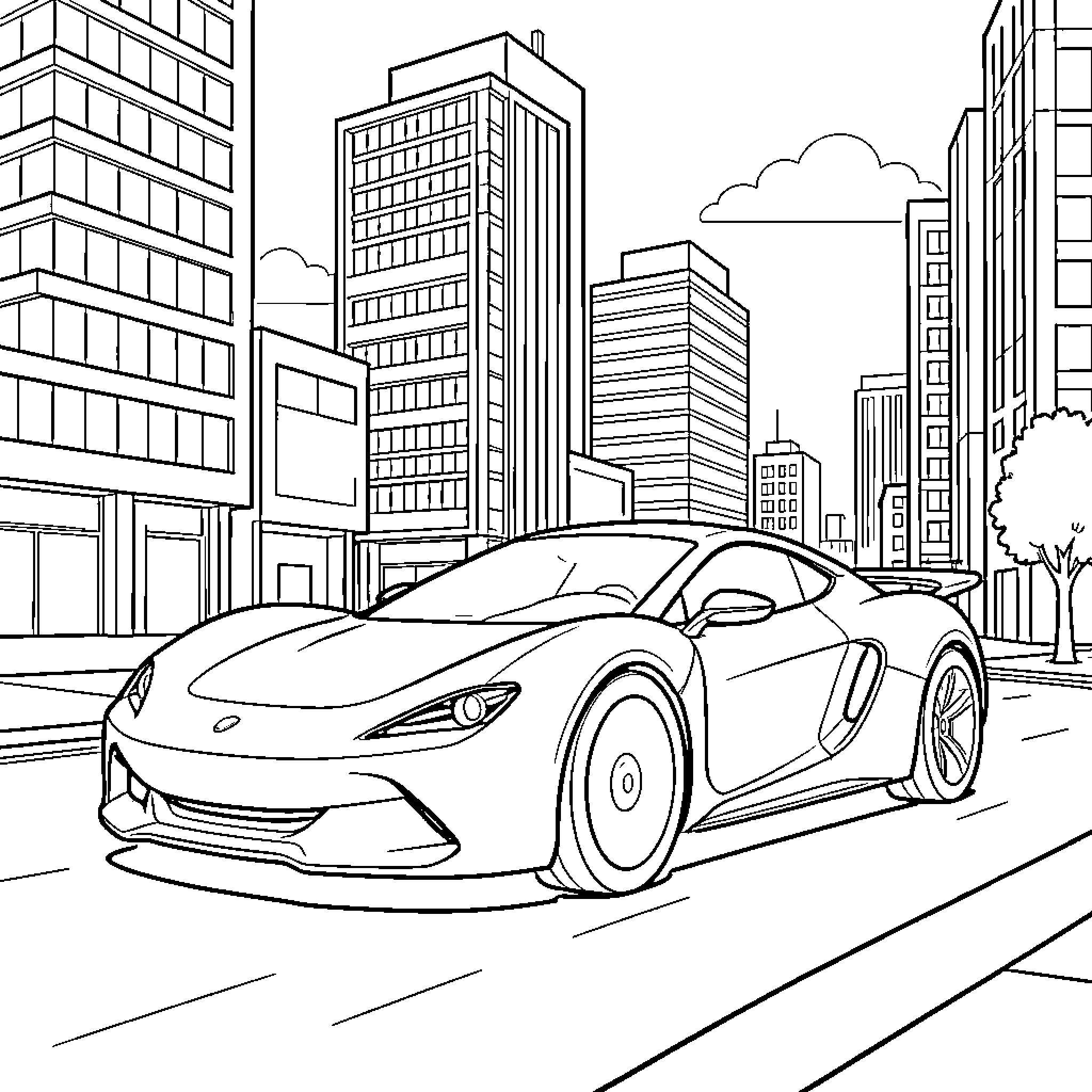 Concept Car driving through a modern city street Coloring Page (free black-and-white line drawing printable PDF for all, from beginners to advanced learners, including children, teens, adults, and seniors)