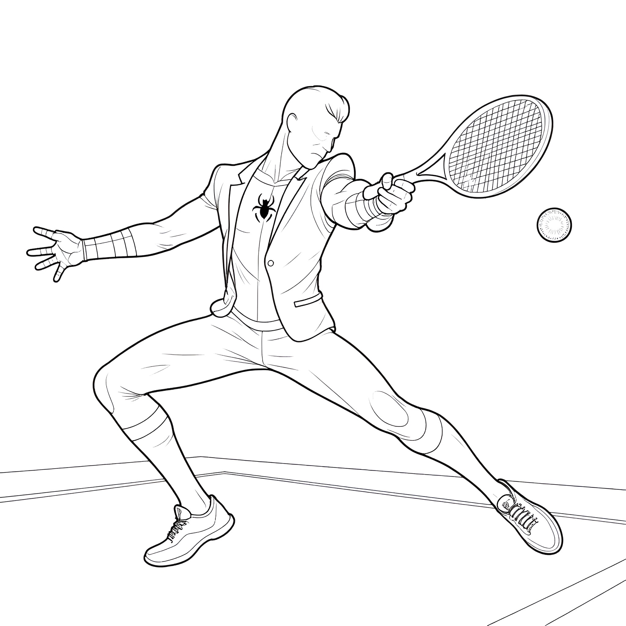 Spiderman playing tennis with determination Coloring Page (free black-and-white line drawing printable PDF for all, from beginners to advanced learners, including children, teens, adults, and seniors)