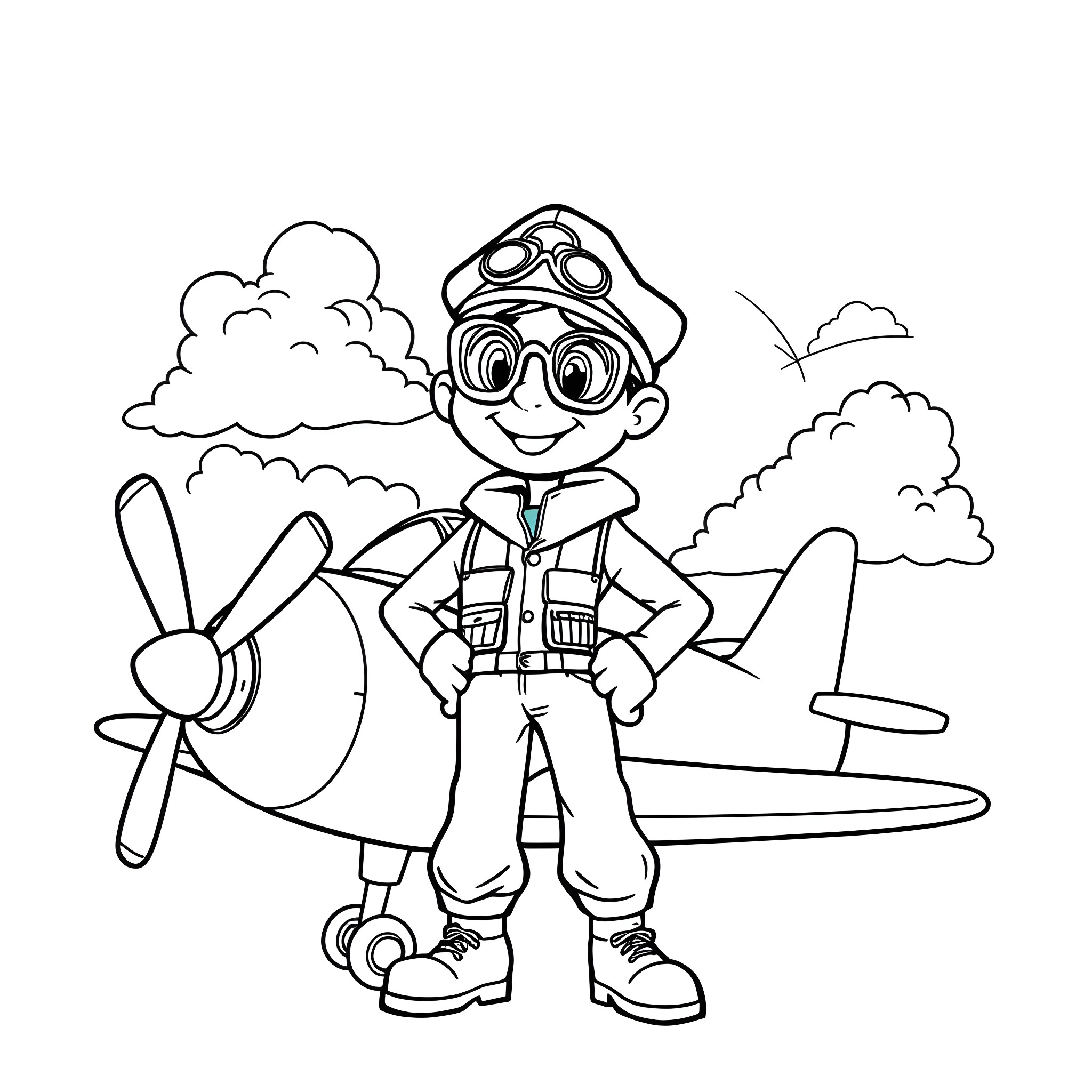 Pilot with airplane enjoying the sky Coloring Page (free black-and-white line drawing printable PDF for all, from beginners to advanced learners, including children, teens, adults, and seniors)