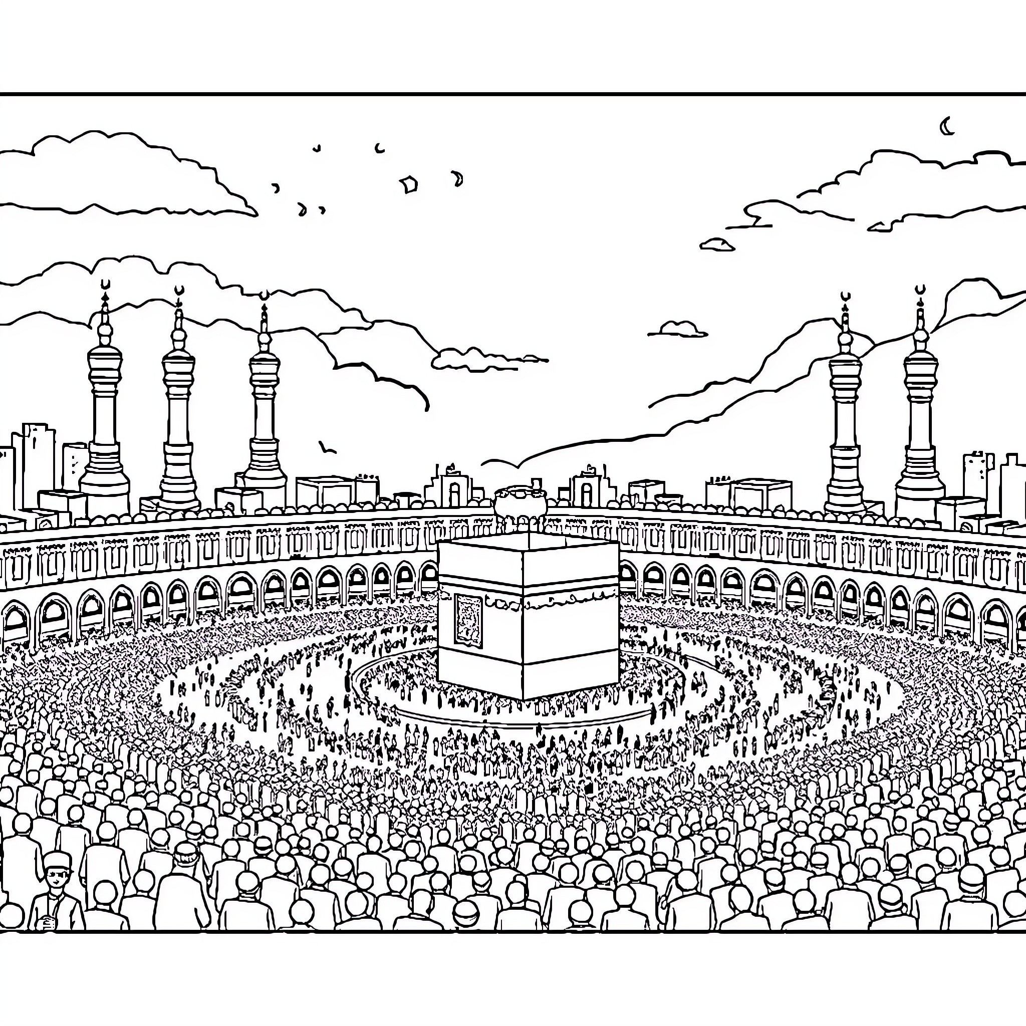 Makkah's sacred mosque filled with devout worshippers Coloring Page (free black-and-white line drawing printable PDF for all, from beginners to advanced learners, including children, teens, adults, and seniors)