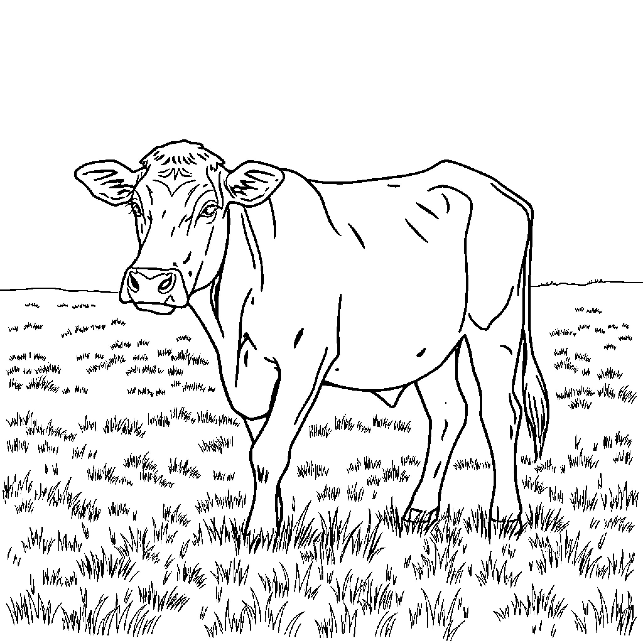 Cow standing calmly in a grassy field Coloring Page (free black-and-white line drawing printable PDF for all, from beginners to advanced learners, including children, teens, adults, and seniors)