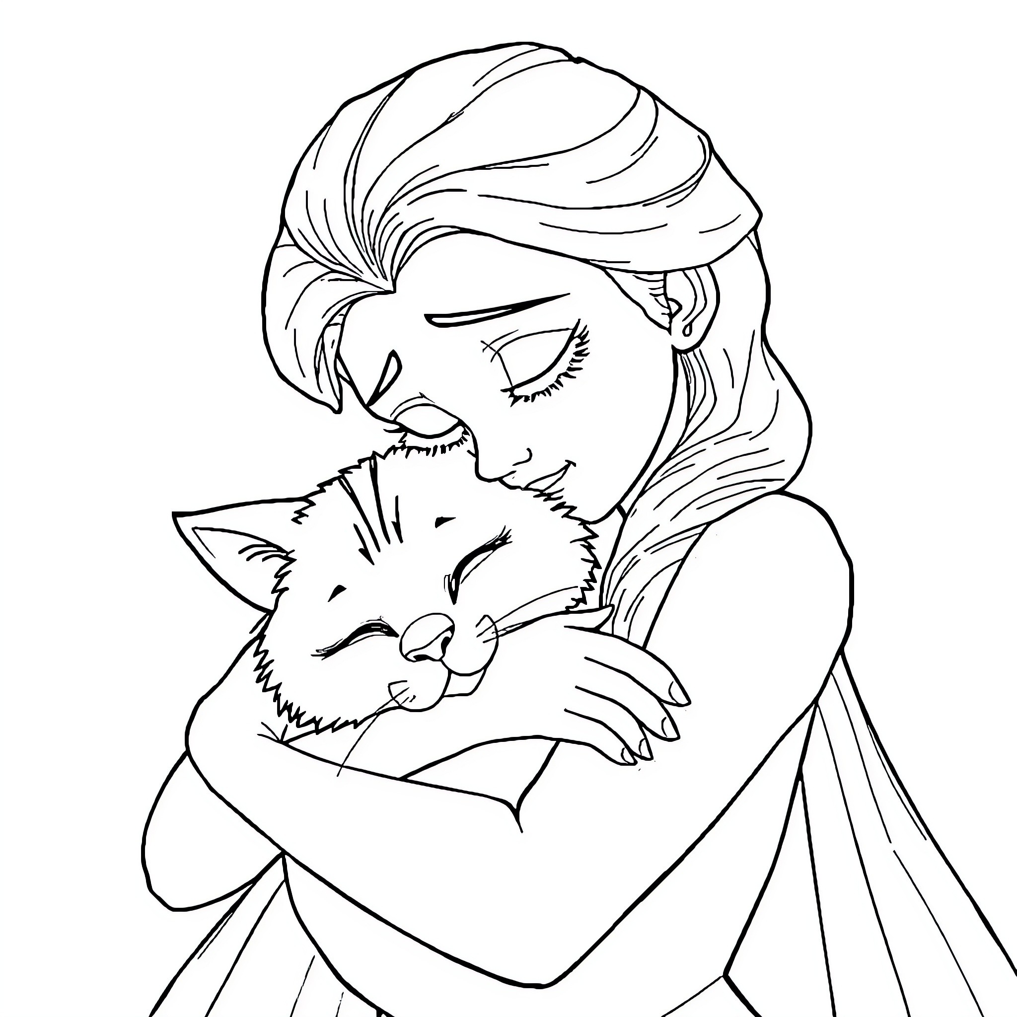 Cat cuddled by a caring girl Coloring Page (free black-and-white line drawing printable PDF for all, from beginners to advanced learners, including children, teens, adults, and seniors)