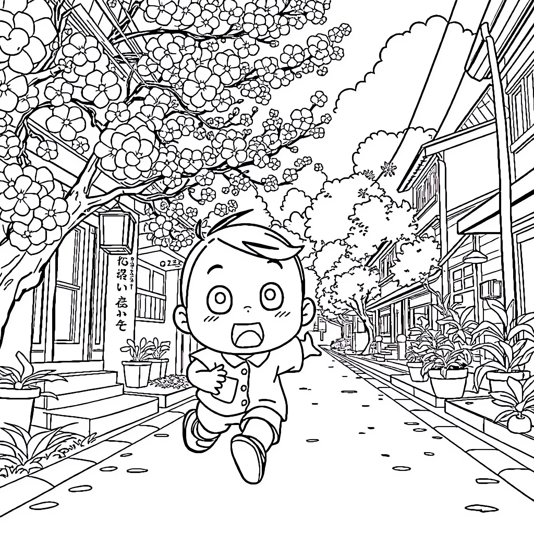Shinchan exploring the vibrant neighborhood Coloring Page (free black-and-white line drawing printable PDF for all, from beginners to advanced learners, including children, teens, adults, and seniors)