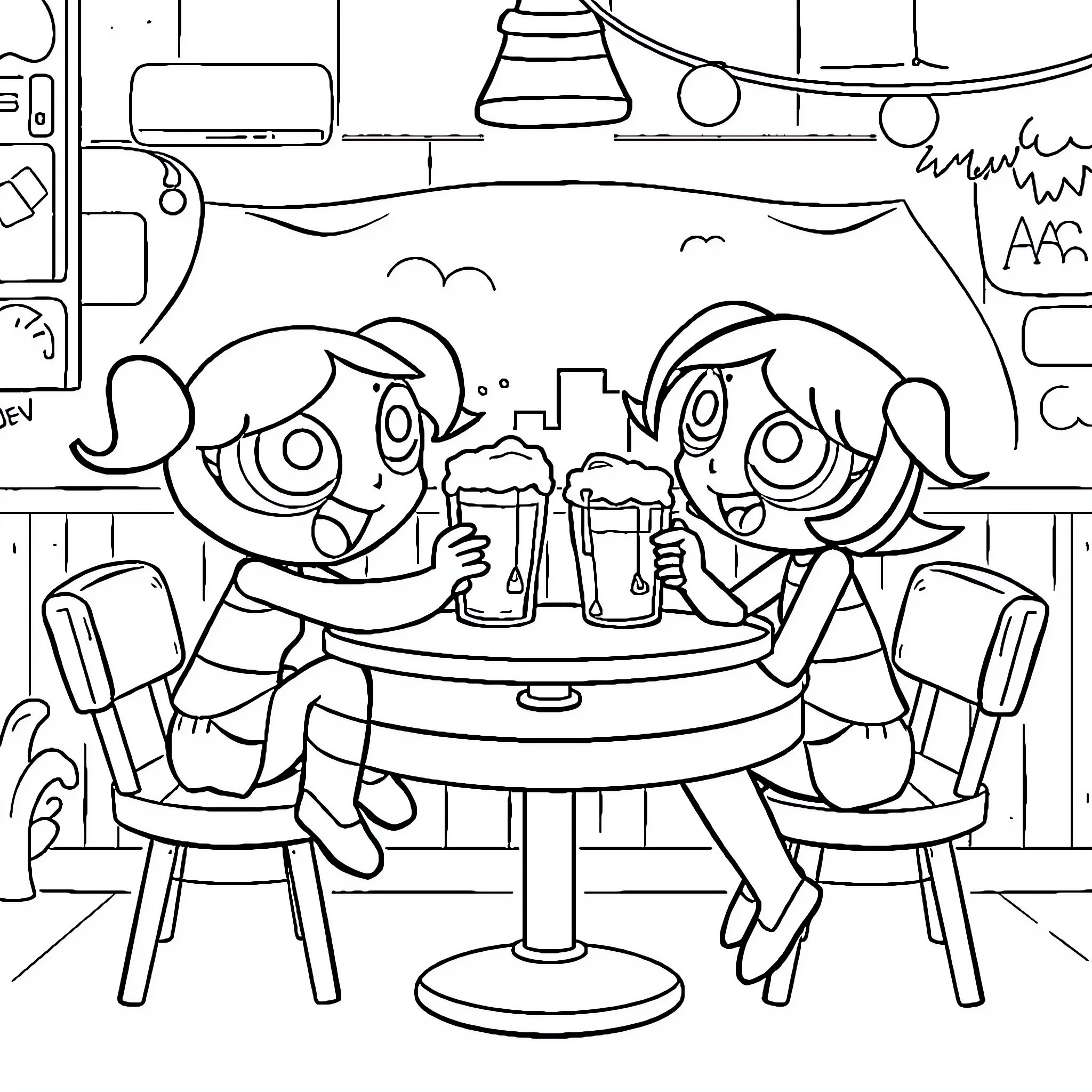 Power Puff Girls Enjoying Refreshments at a Cafe Coloring Page (free black-and-white line drawing printable PDF for all, from beginners to advanced learners, including children, teens, adults, and seniors)