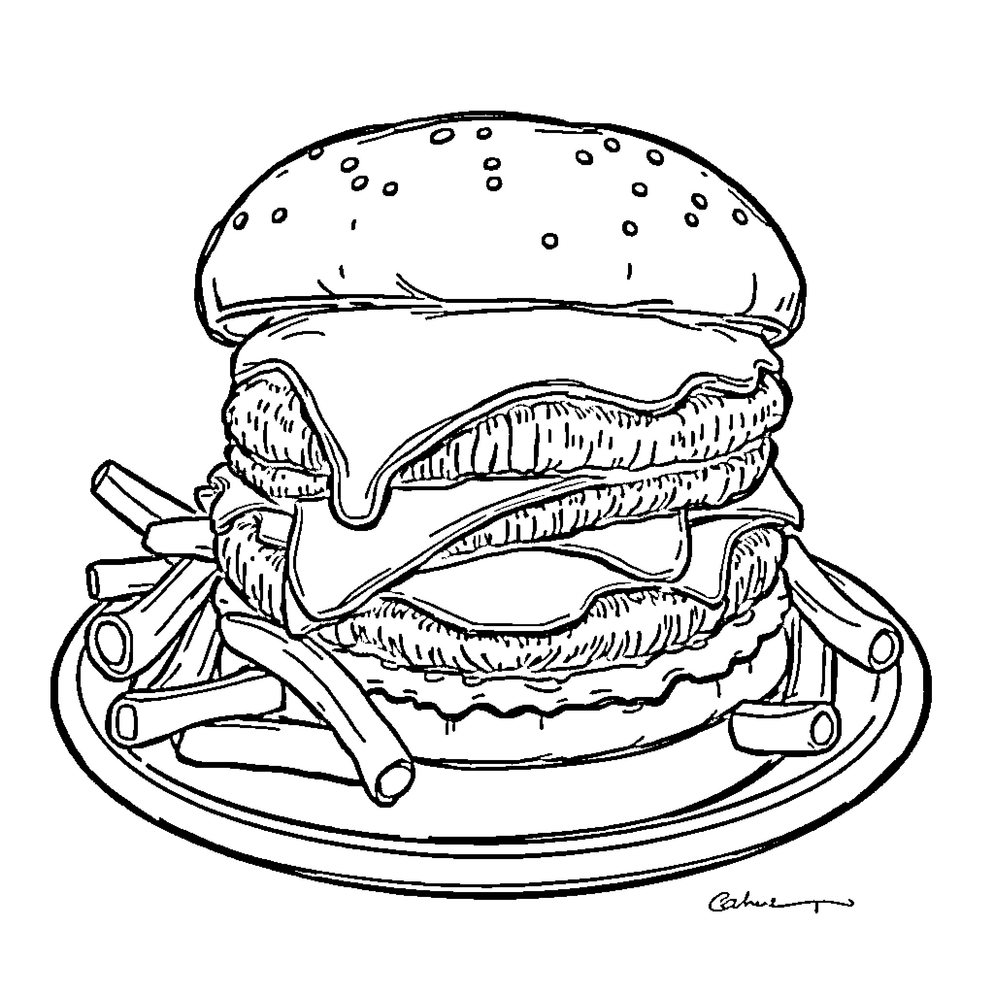 Burger with Intriguing Ingredients on Plate Coloring Page (free black-and-white line drawing printable PDF for all, from beginners to advanced learners, including children, teens, adults, and seniors)