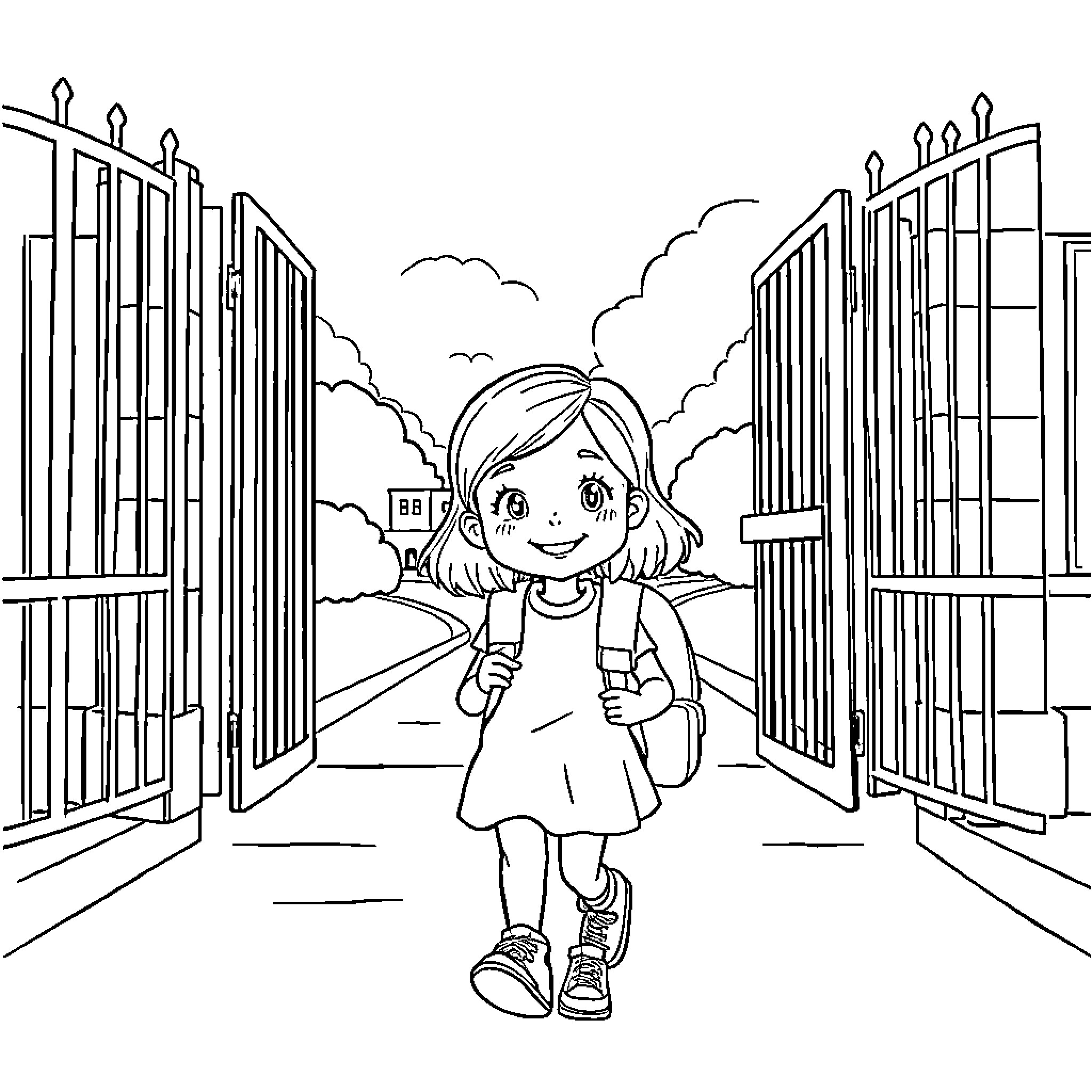 Girl entering the gate with delight Coloring Page (free black-and-white line drawing printable PDF for all, from beginners to advanced learners, including children, teens, adults, and seniors)