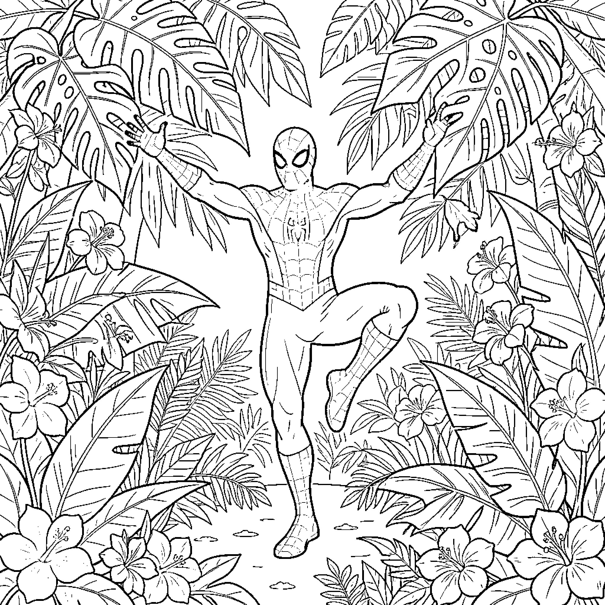 Spiderman in a Lush Tropical Jungle Coloring Page (free black-and-white line drawing printable PDF for all, from beginners to advanced learners, including children, teens, adults, and seniors)