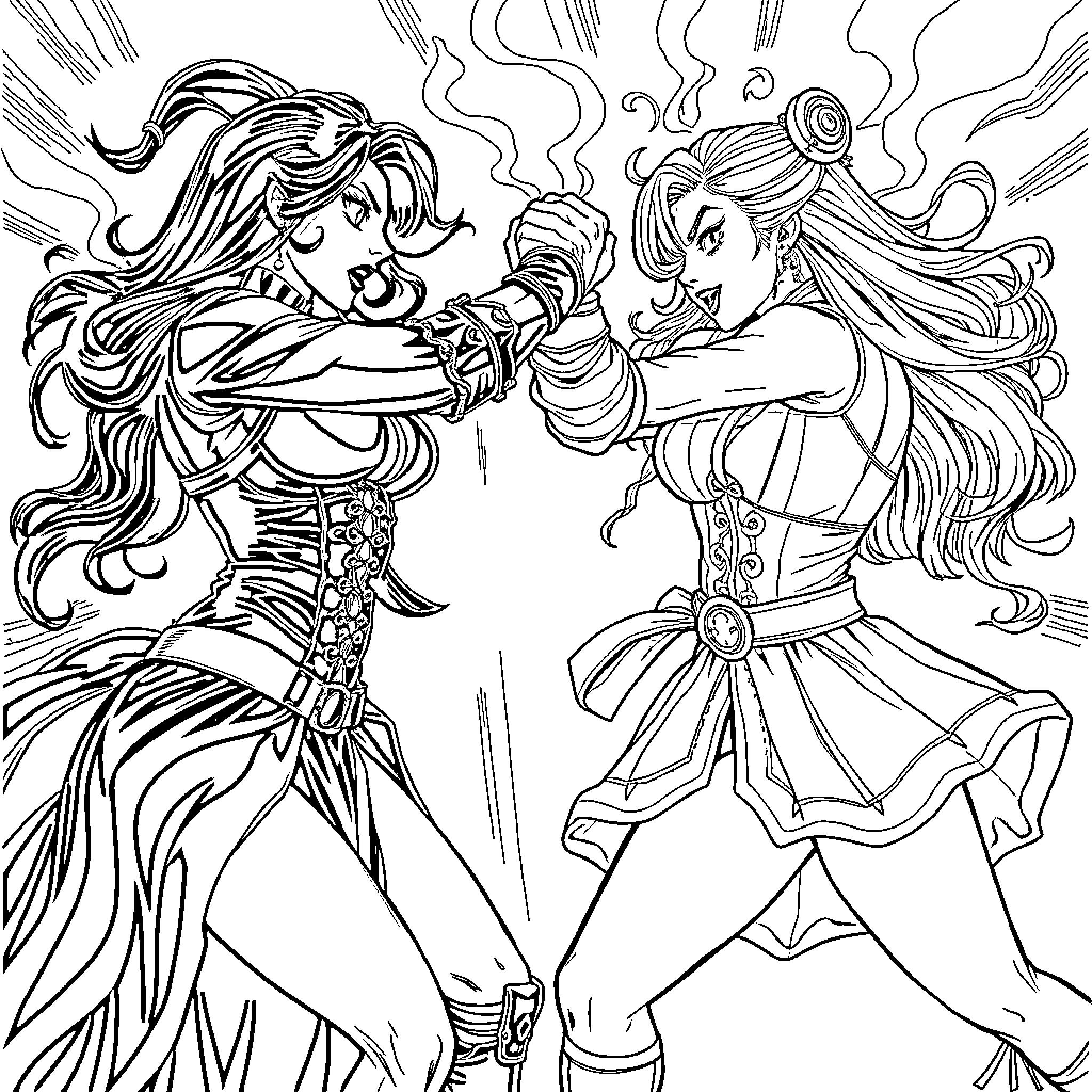 Mistress Isabelle Black and her Magical Companion Coloring Page (free black-and-white line drawing printable PDF for all, from beginners to advanced learners, including children, teens, adults, and seniors)