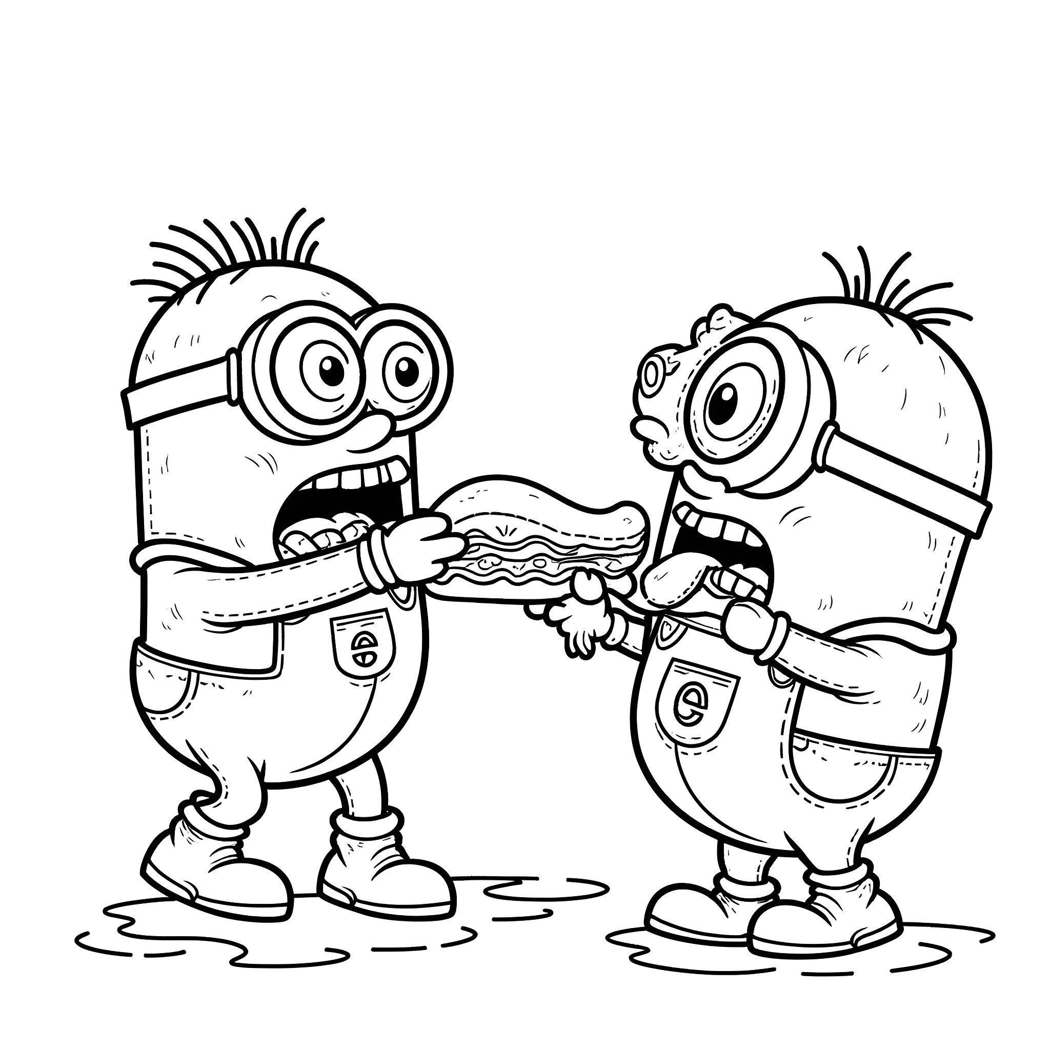 Zombie Minions sharing a hamburger Coloring Page (free black-and-white line drawing printable PDF for all, from beginners to advanced learners, including children, teens, adults, and seniors)