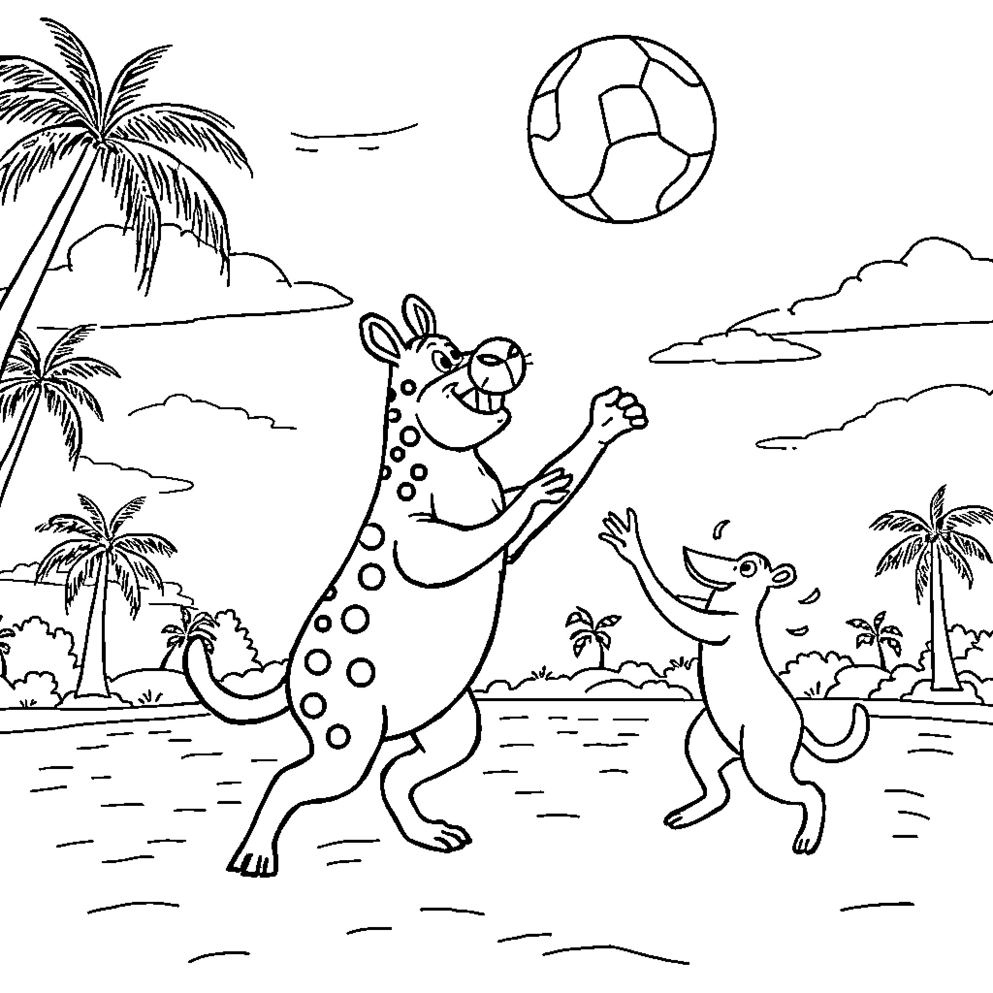 Capybara friends playing with a soccer ball on the beach Coloring Page (free black-and-white line drawing printable PDF for all, from beginners to advanced learners, including children, teens, adults, and seniors)