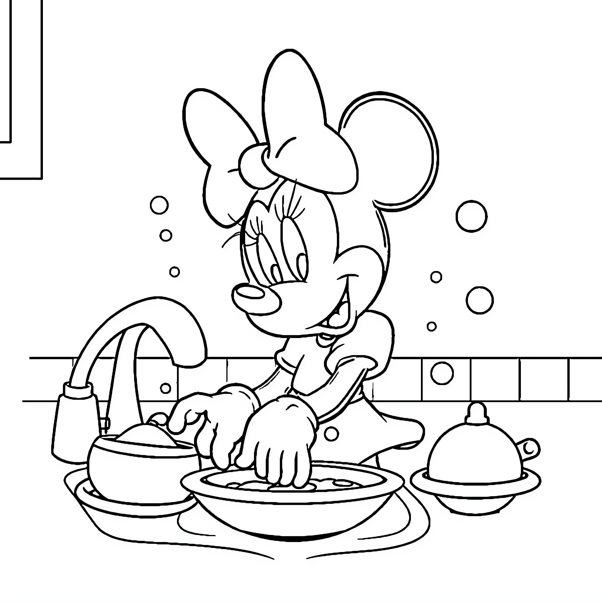 Minnie Mouse cleaning up in the kitchen Coloring Page (free black-and-white line drawing printable PDF for all, from beginners to advanced learners, including children, teens, adults, and seniors)