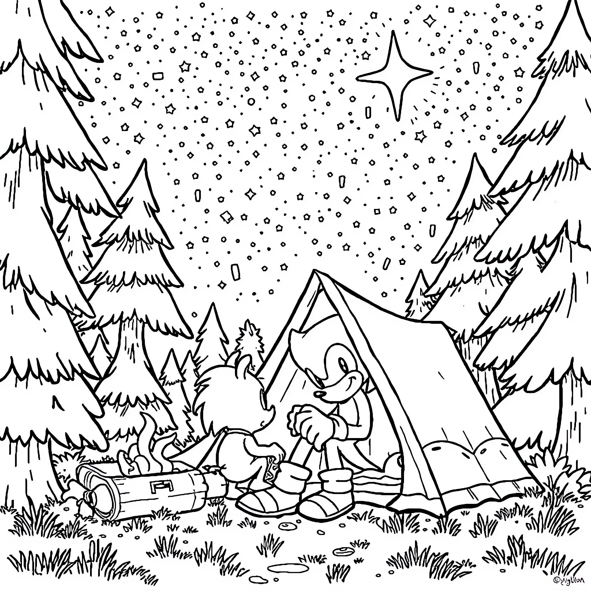 Sonic's Starry Night Camping Adventure Coloring Page (free black-and-white line drawing printable PDF for all, from beginners to advanced learners, including children, teens, adults, and seniors)