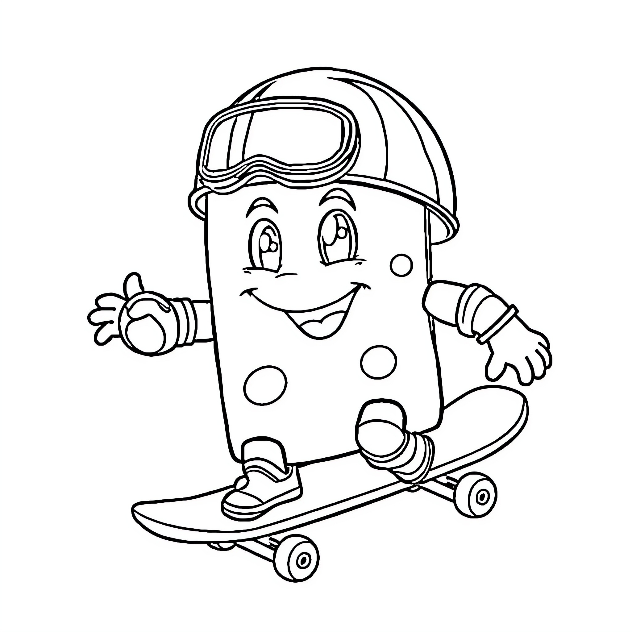 Cheese Skateboarding Smiling Character Coloring Page (free black-and-white line drawing printable PDF for all, from beginners to advanced learners, including children, teens, adults, and seniors)