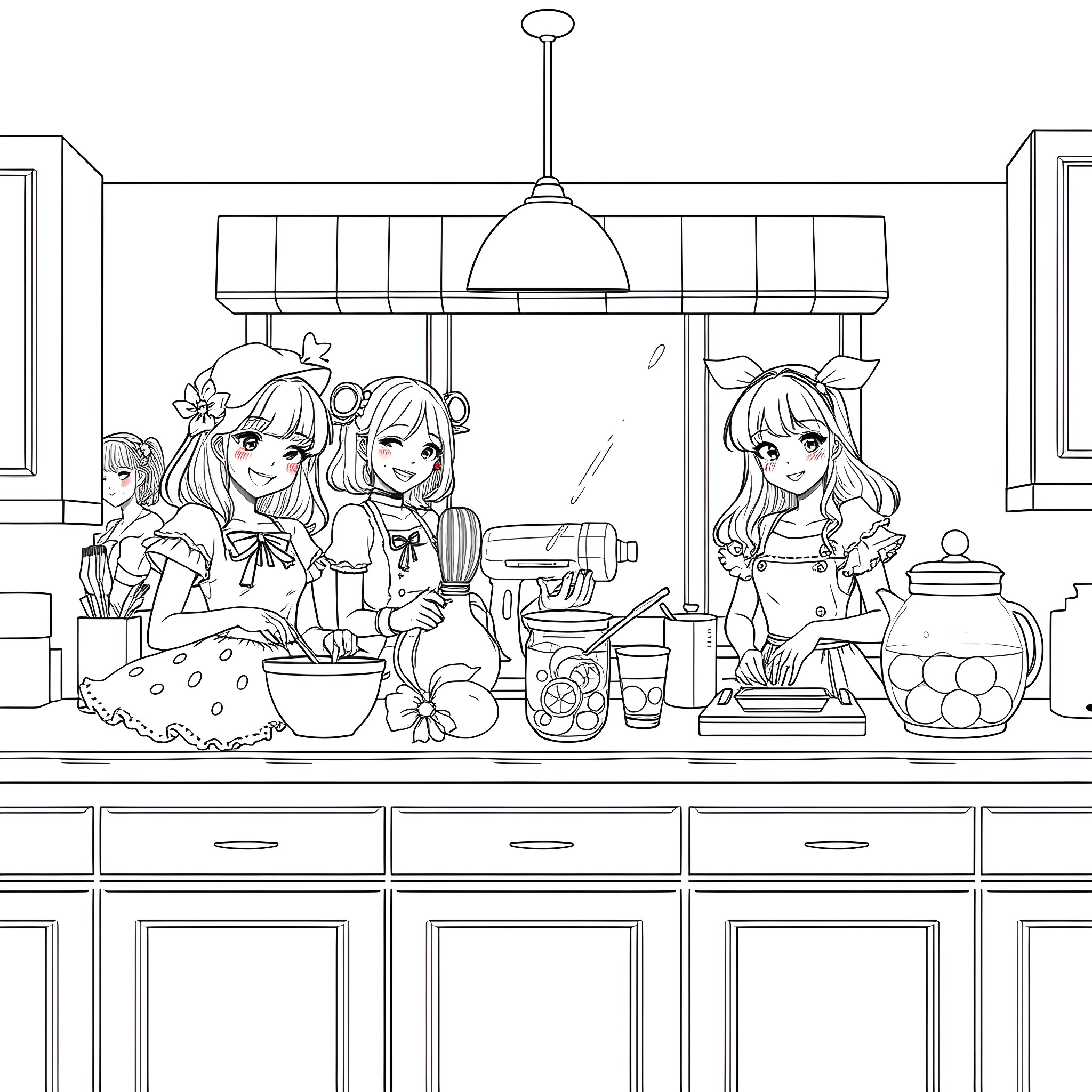 Girls having fun in the kitchen Coloring Page (free black-and-white line drawing printable PDF for all, from beginners to advanced learners, including children, teens, adults, and seniors)