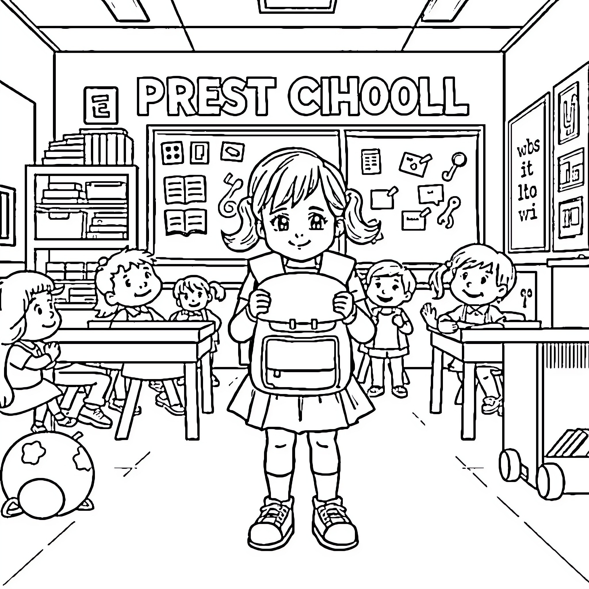 Eabha's First Day at School Coloring Page (free black-and-white line drawing printable PDF for all, from beginners to advanced learners, including children, teens, adults, and seniors)