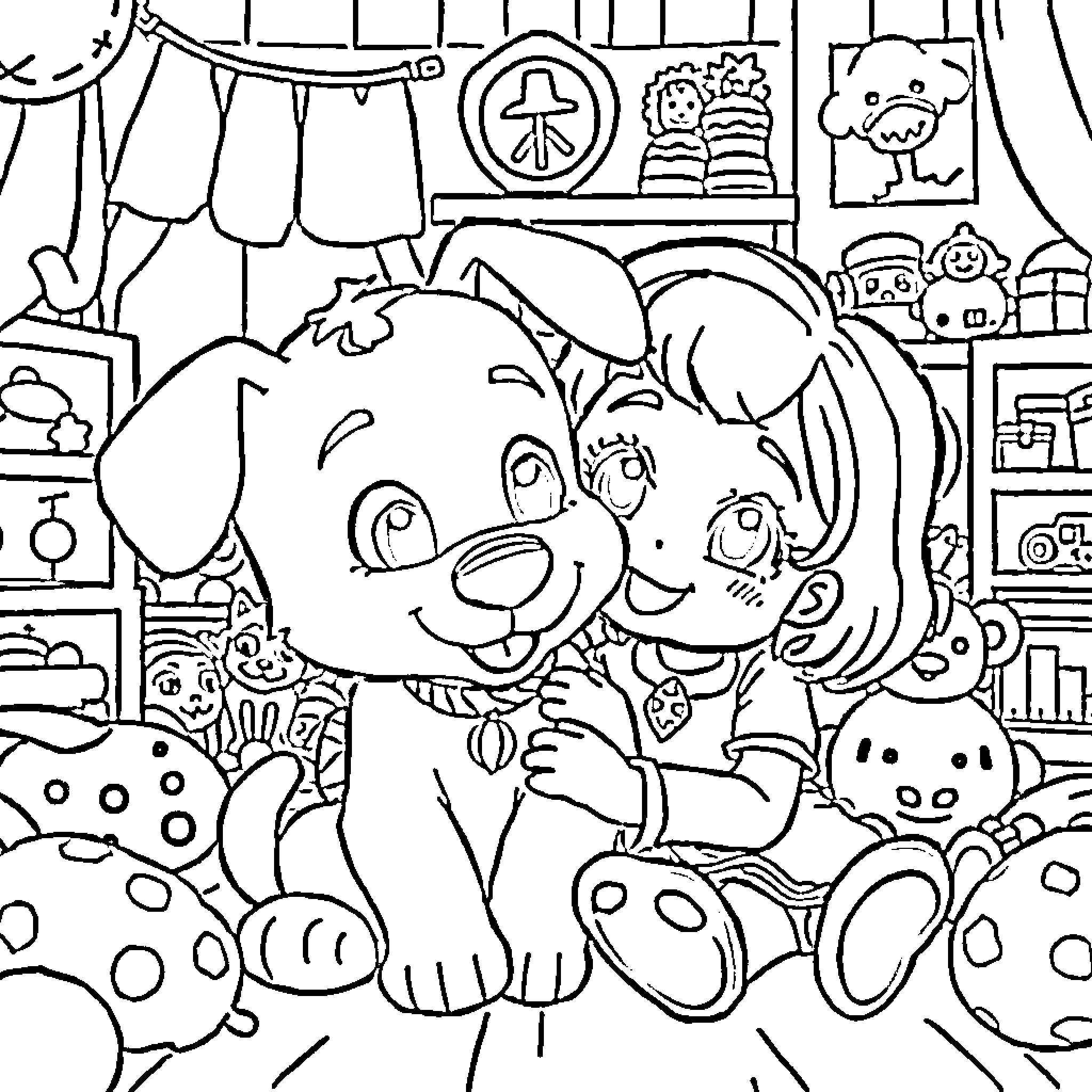 Bluey's Playful Adventure in a Cozy Room Coloring Page (free black-and-white line drawing printable PDF for all, from beginners to advanced learners, including children, teens, adults, and seniors)