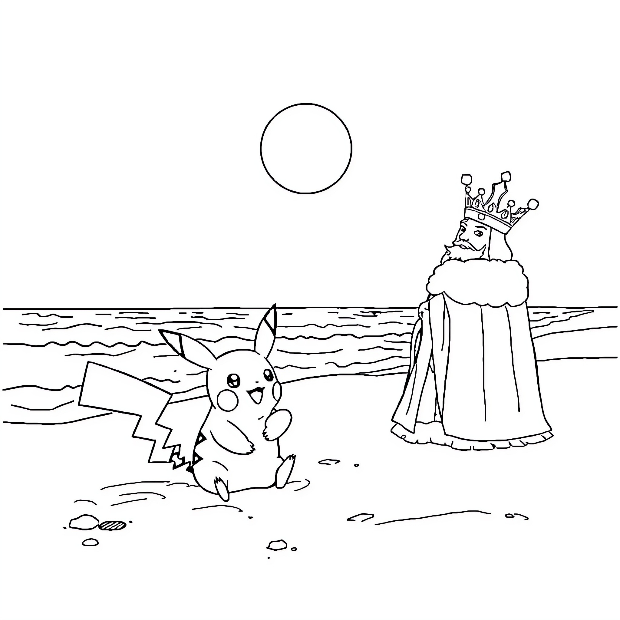 Pikachu meeting the Princess on the beach Coloring Page (free black-and-white line drawing printable PDF for all, from beginners to advanced learners, including children, teens, adults, and seniors)