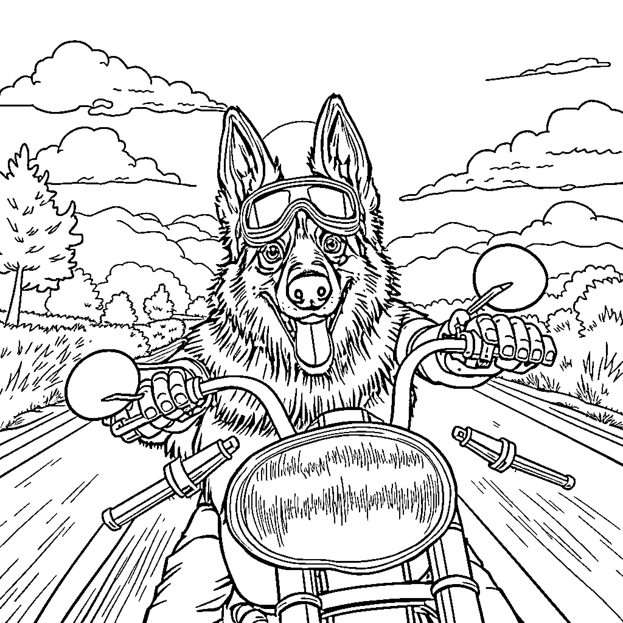 German Shepherd riding motorcycle through countryside Coloring Page (free black-and-white line drawing printable PDF for all, from beginners to advanced learners, including children, teens, adults, and seniors)