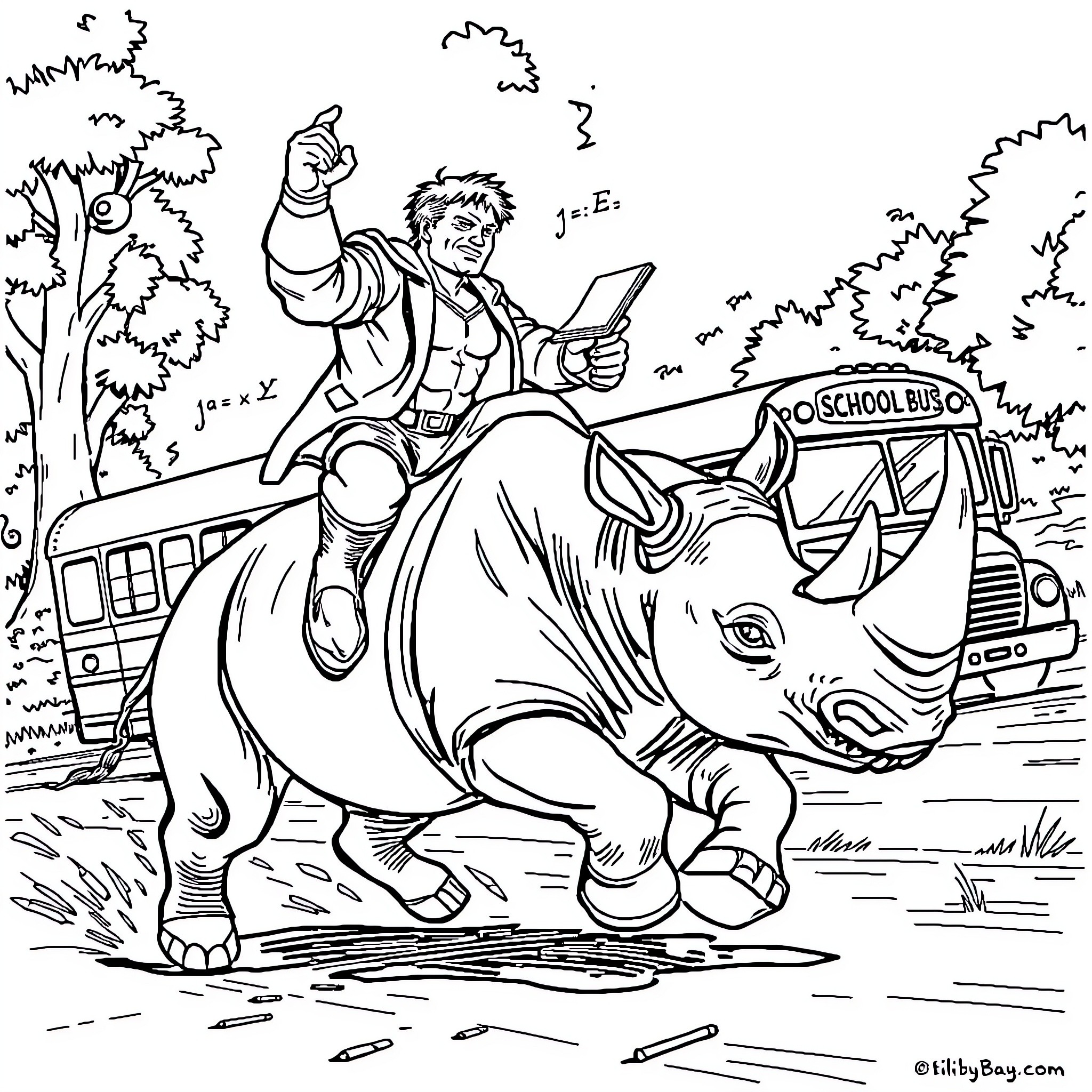 Bruce Banner riding a rhino to school Coloring Page (free black-and-white line drawing printable PDF for all, from beginners to advanced learners, including children, teens, adults, and seniors)