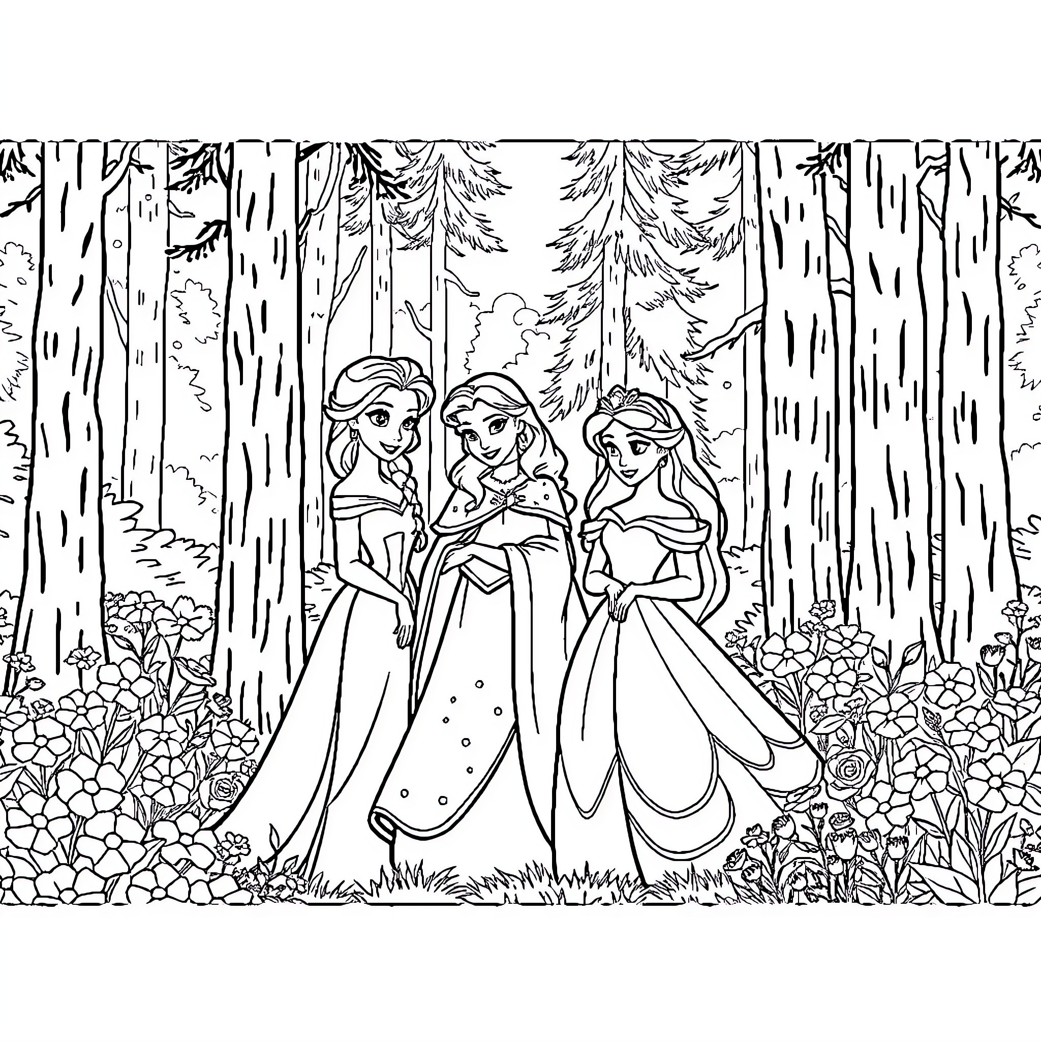 Princess Trio Exploring the Enchanted Forest Coloring Page (free black-and-white line drawing printable PDF for all, from beginners to advanced learners, including children, teens, adults, and seniors)