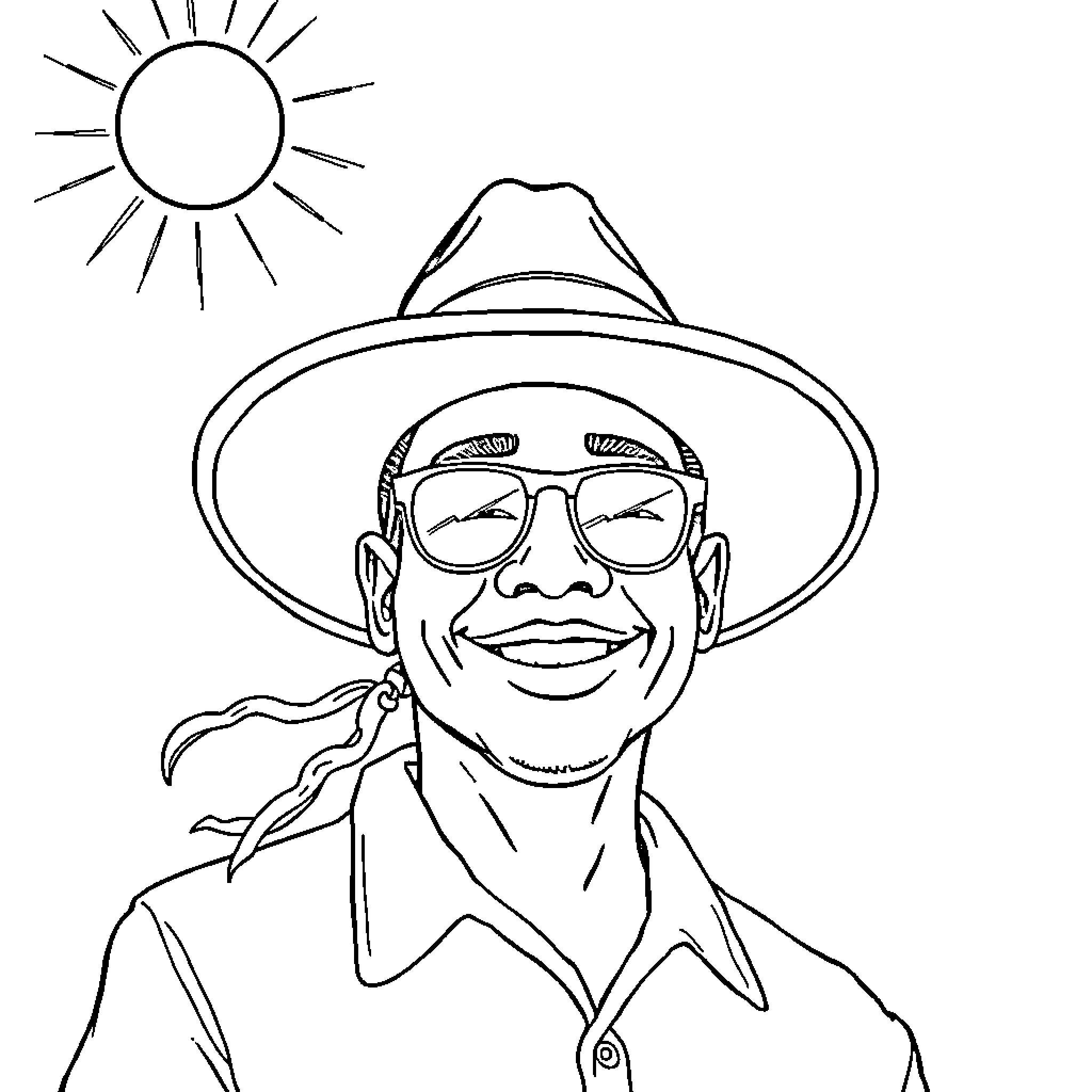Shohay Otoni: Smiling person in hat and glasses Coloring Page (free black-and-white line drawing printable PDF for all, from beginners to advanced learners, including children, teens, adults, and seniors)