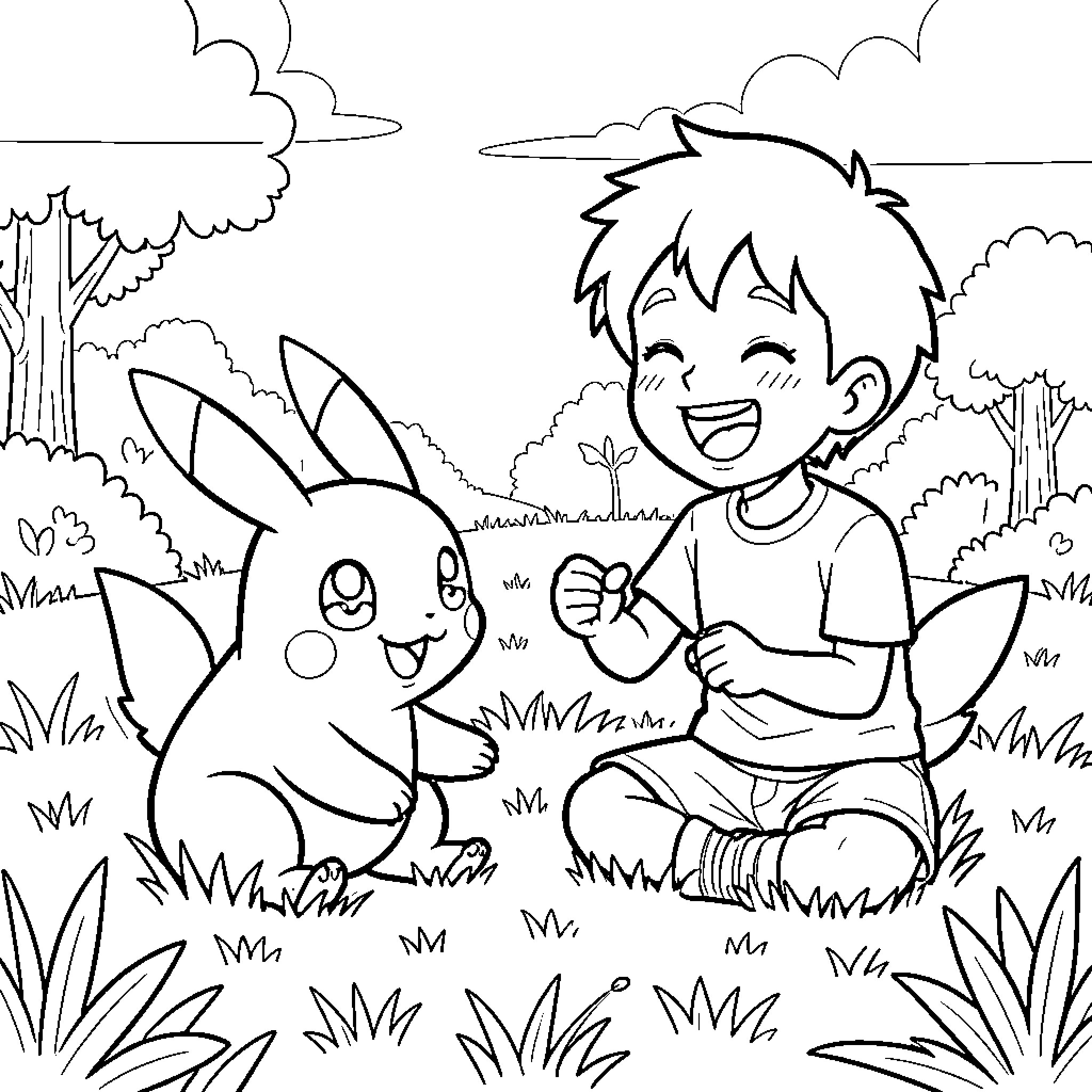 Pokémon and a happy boy playing together in nature Coloring Page (free black-and-white line drawing printable PDF for all, from beginners to advanced learners, including children, teens, adults, and seniors)