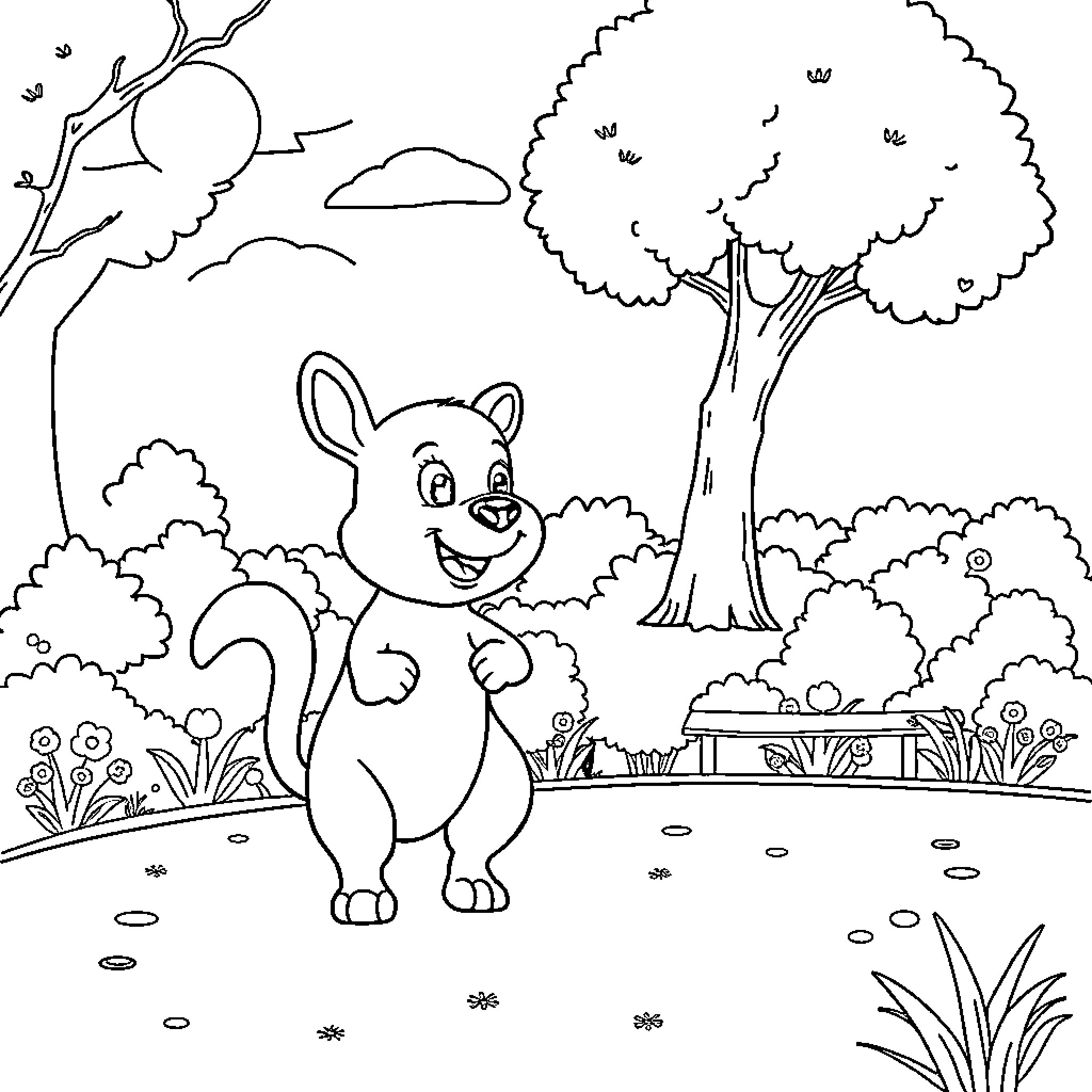 Animal in a peaceful forest scene Coloring Page (free black-and-white line drawing printable PDF for all, from beginners to advanced learners, including children, teens, adults, and seniors)